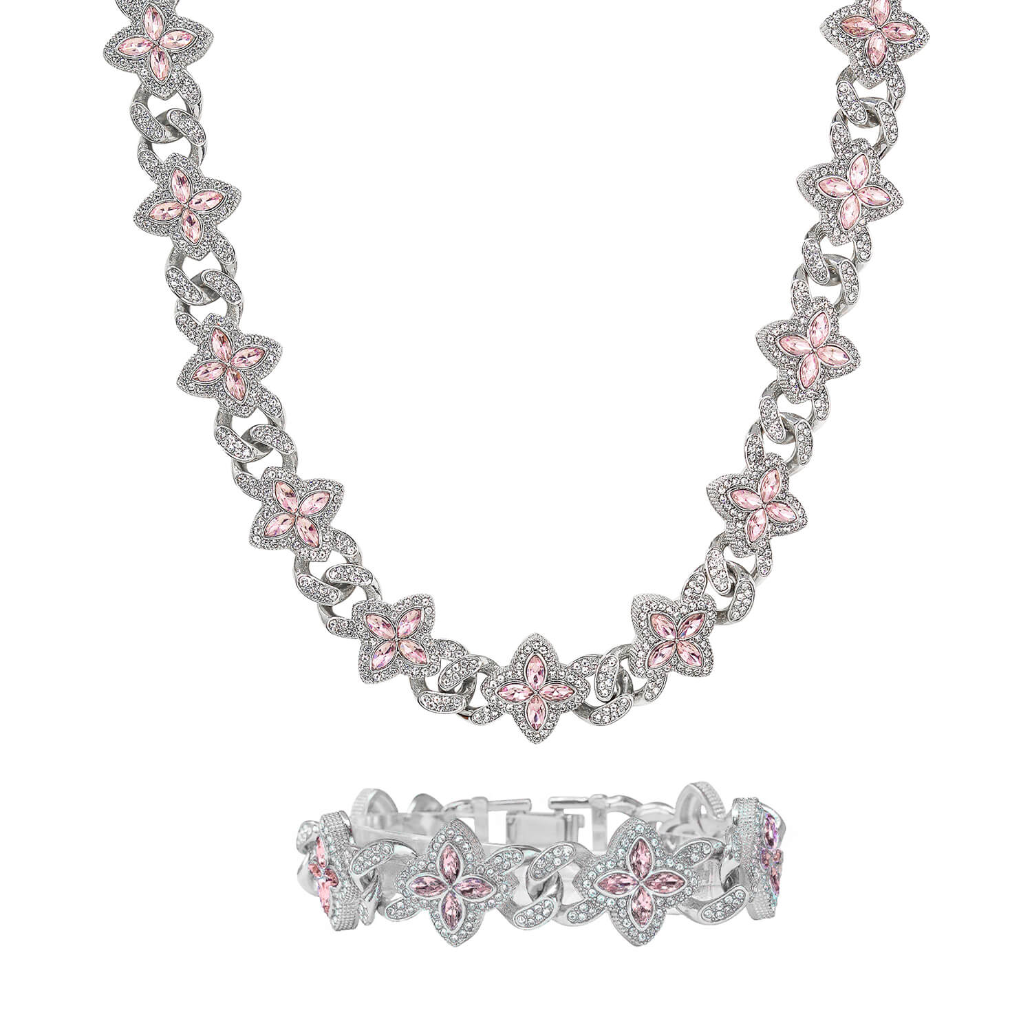 Silver iced clover necklace and bracelet set with pink stones and crystal detailing.