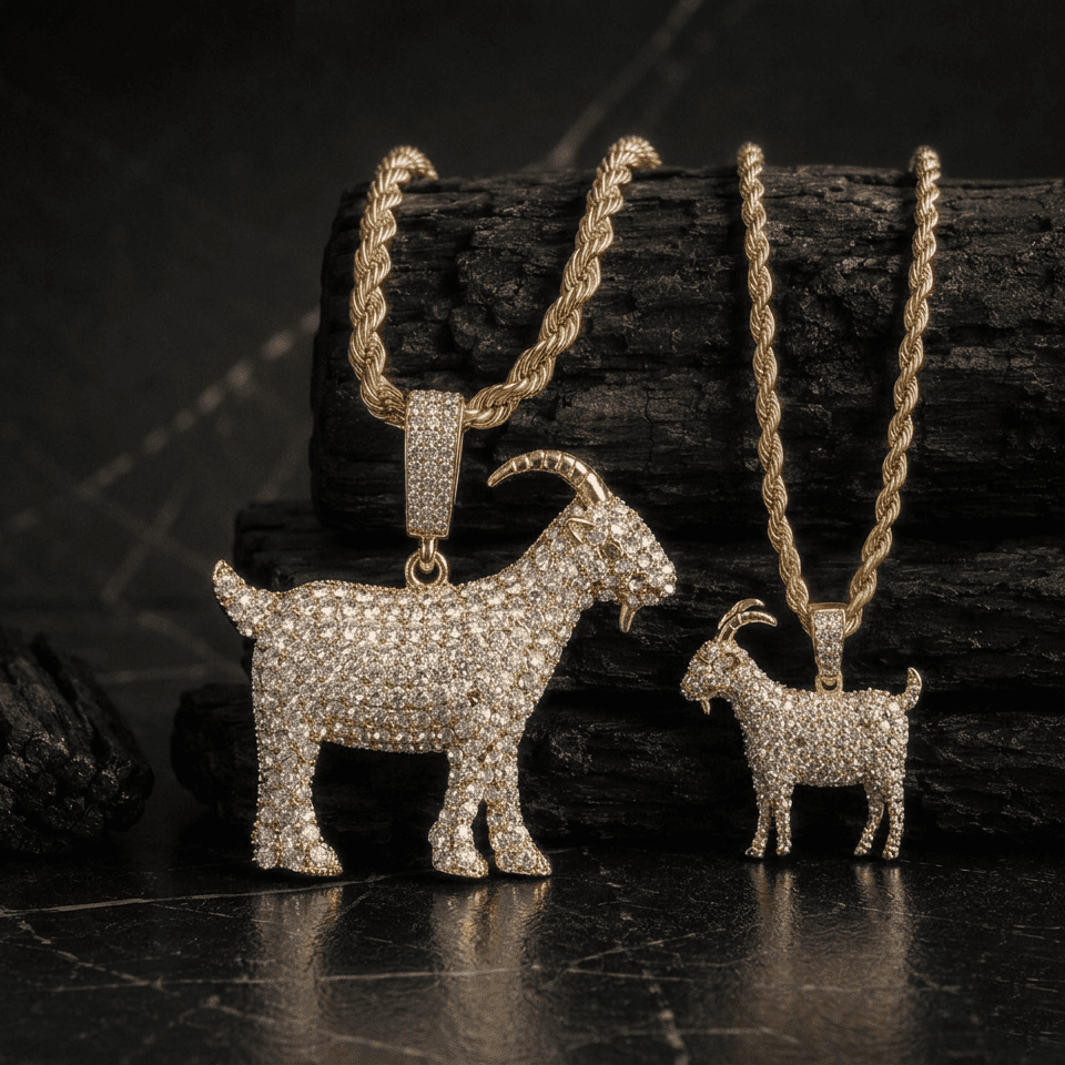 Men's Iced Out Basketball Goat Pendant Necklace - 2 Piece Set