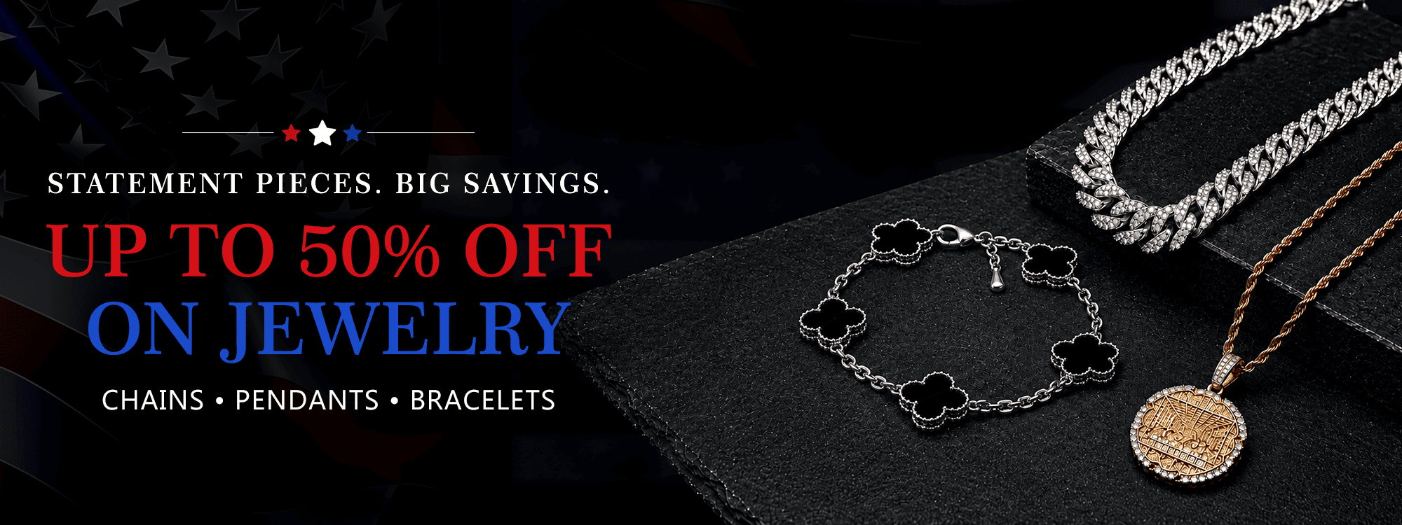 4th of July jewelry sale featuring chains, pendants and bracelets with up to 50% off at Jewelry Essentials.