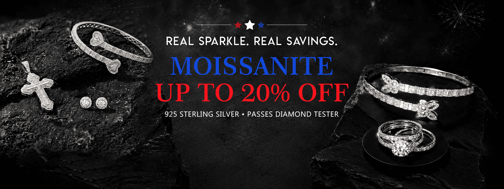 4th of July moissanite jewelry sale featuring 925 sterling silver rings, earrings, pendants and bracelets with up to 20% off.