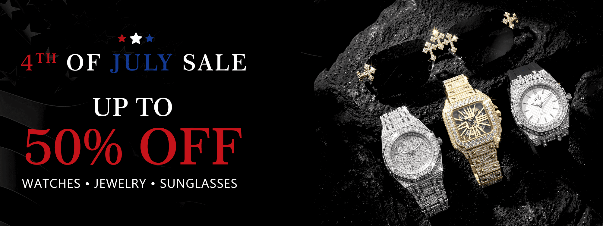 4th of July Sale banner featuring men's watches and sunglasses with up to 50% off at Jewelry Essentials.