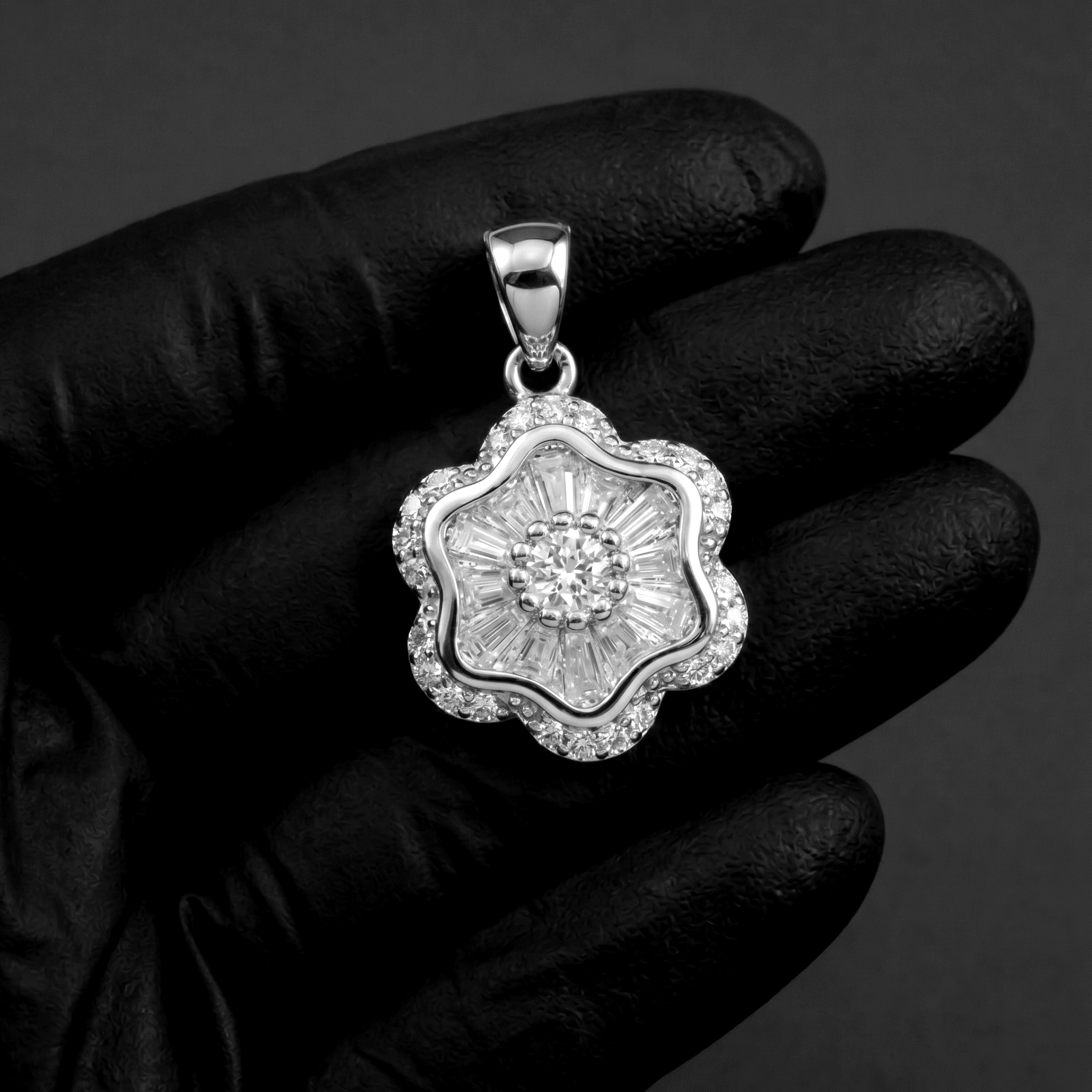 Iced Out 0.59CT Moissanite Round & Baguette Flower Pendant in Premium Sterling Silver