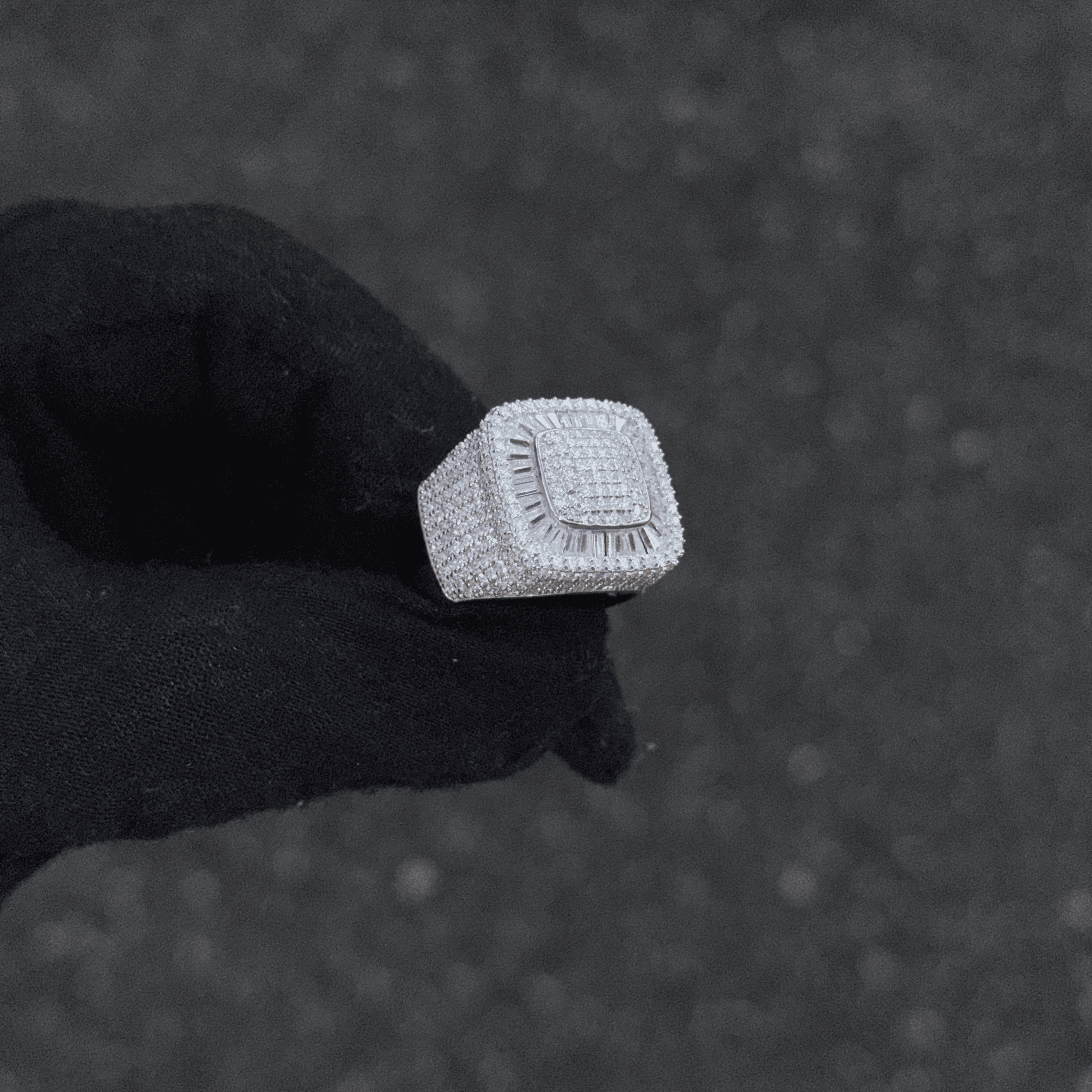 Men's Iced Out 4-1/6 CT Moissanite Cushion Baguette Halo Ring in Premium Sterling Silver