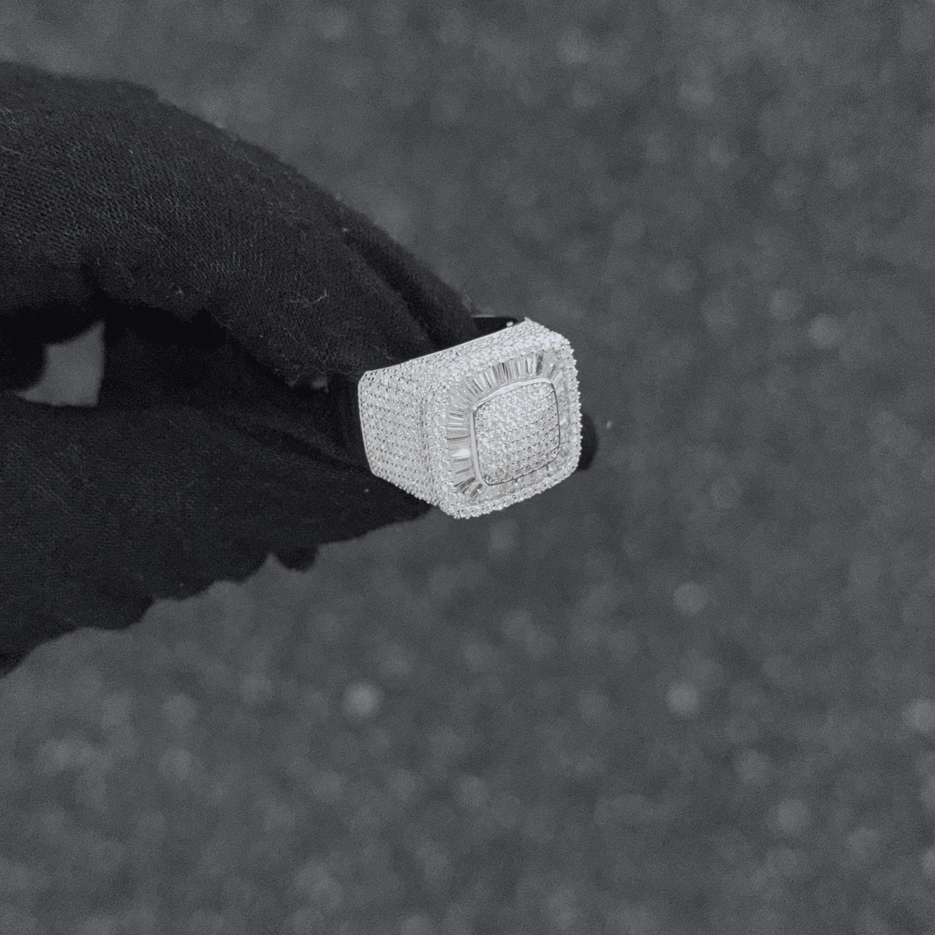 Men's Iced Out 4-1/6 CT Moissanite Cushion Baguette Halo Ring in Premium Sterling Silver