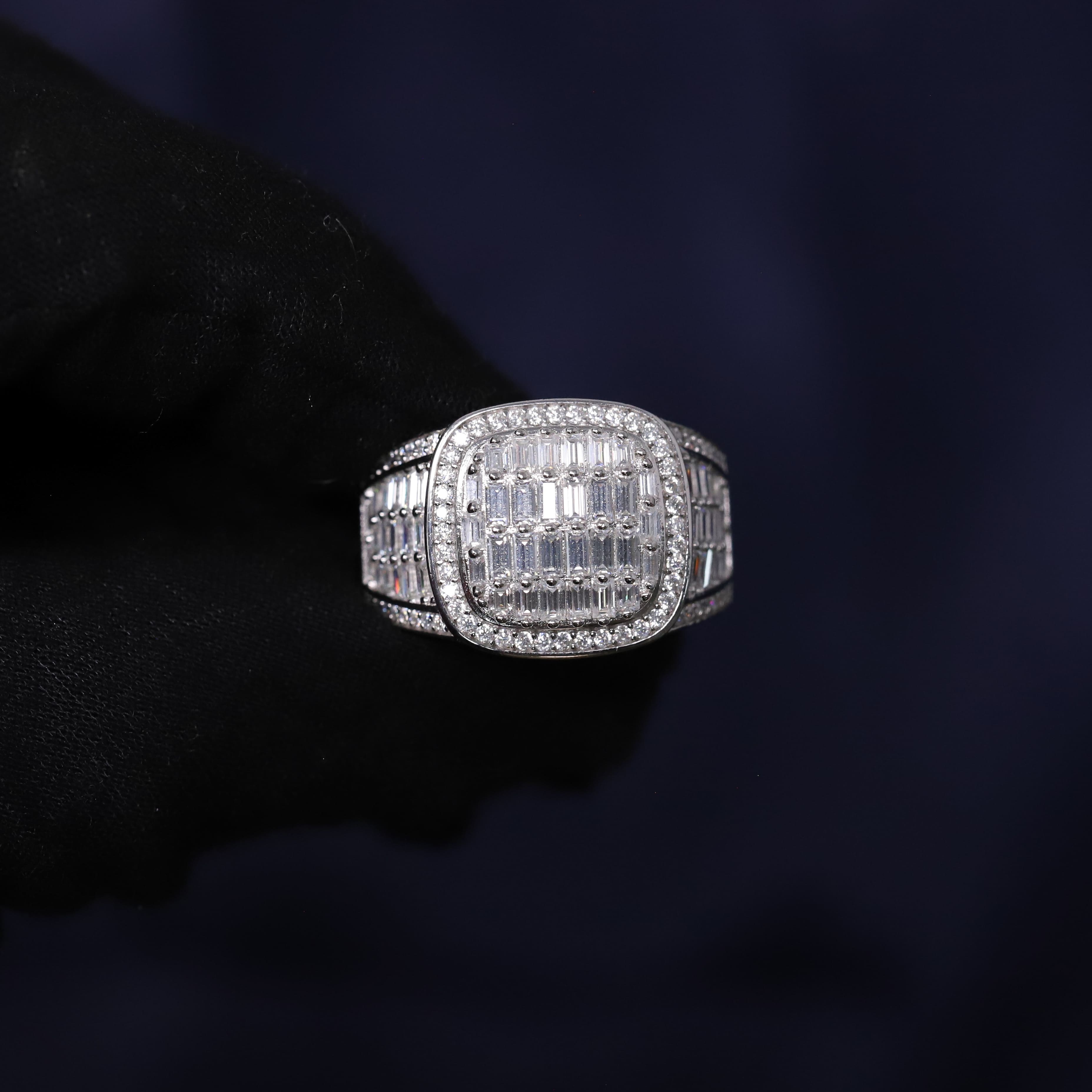 Iced Out 3.61CT Moissanite Cushion Baguette Ring in Premium Sterling Silver