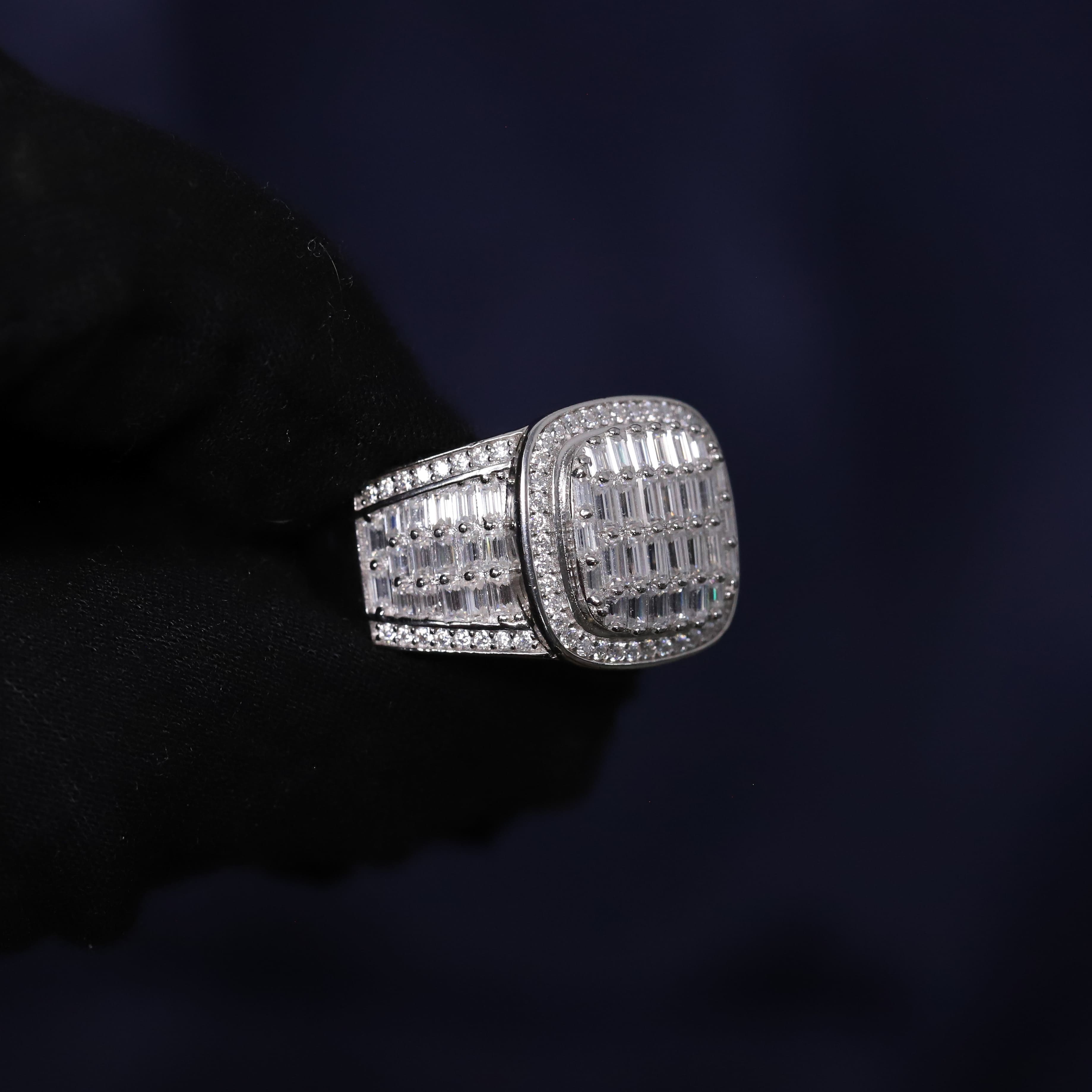 Iced Out 3.61CT Moissanite Cushion Baguette Ring in Premium Sterling Silver