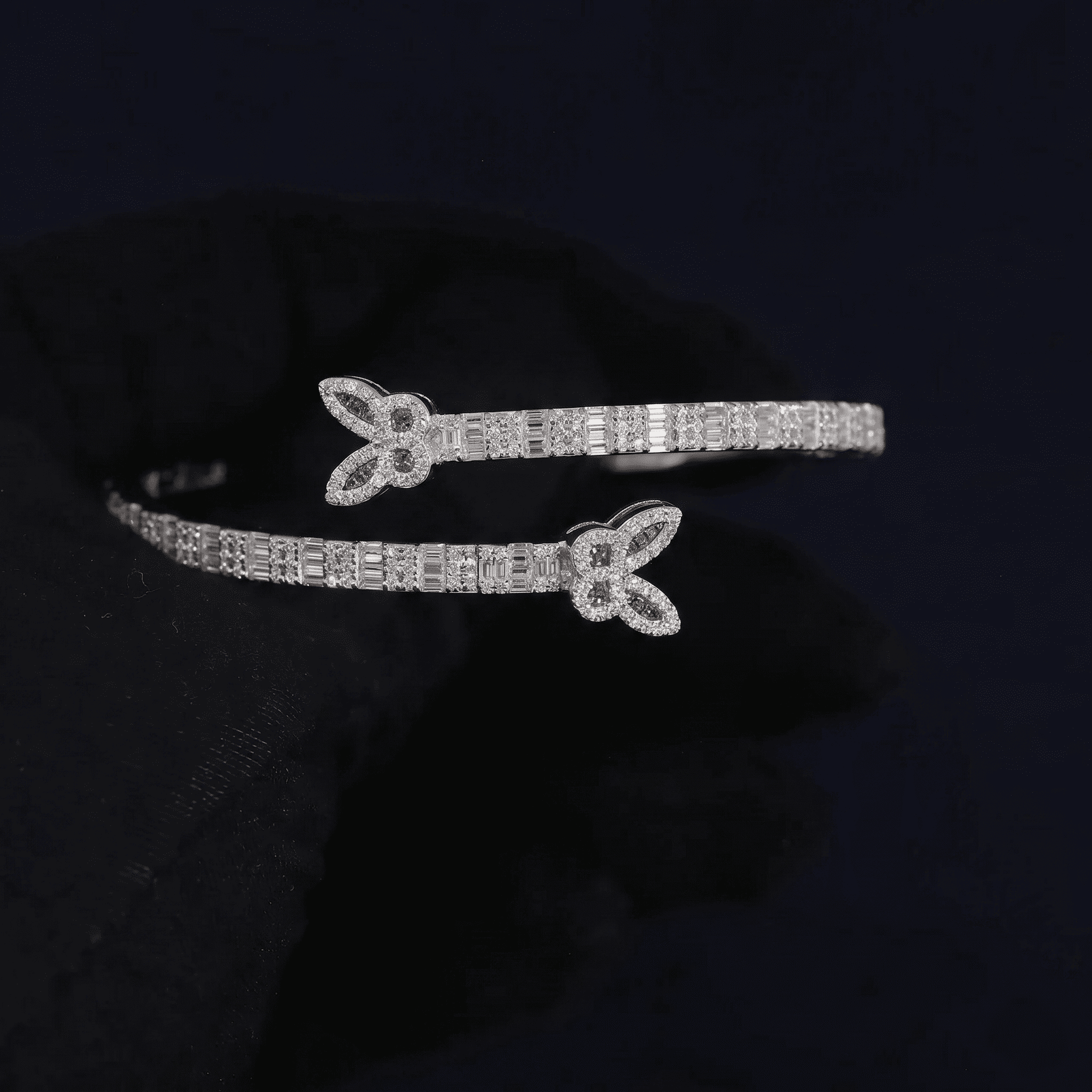 Iced Out 4.5CT Moissanite Baguette Butterfly Open Cuff Bangle in Premium Sterling Silver