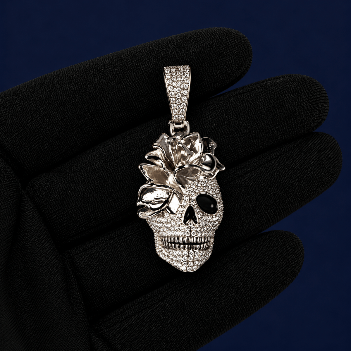 Iced Out 1.97CT Moissanite Rose Skull Pendant in Premium Sterling Silver