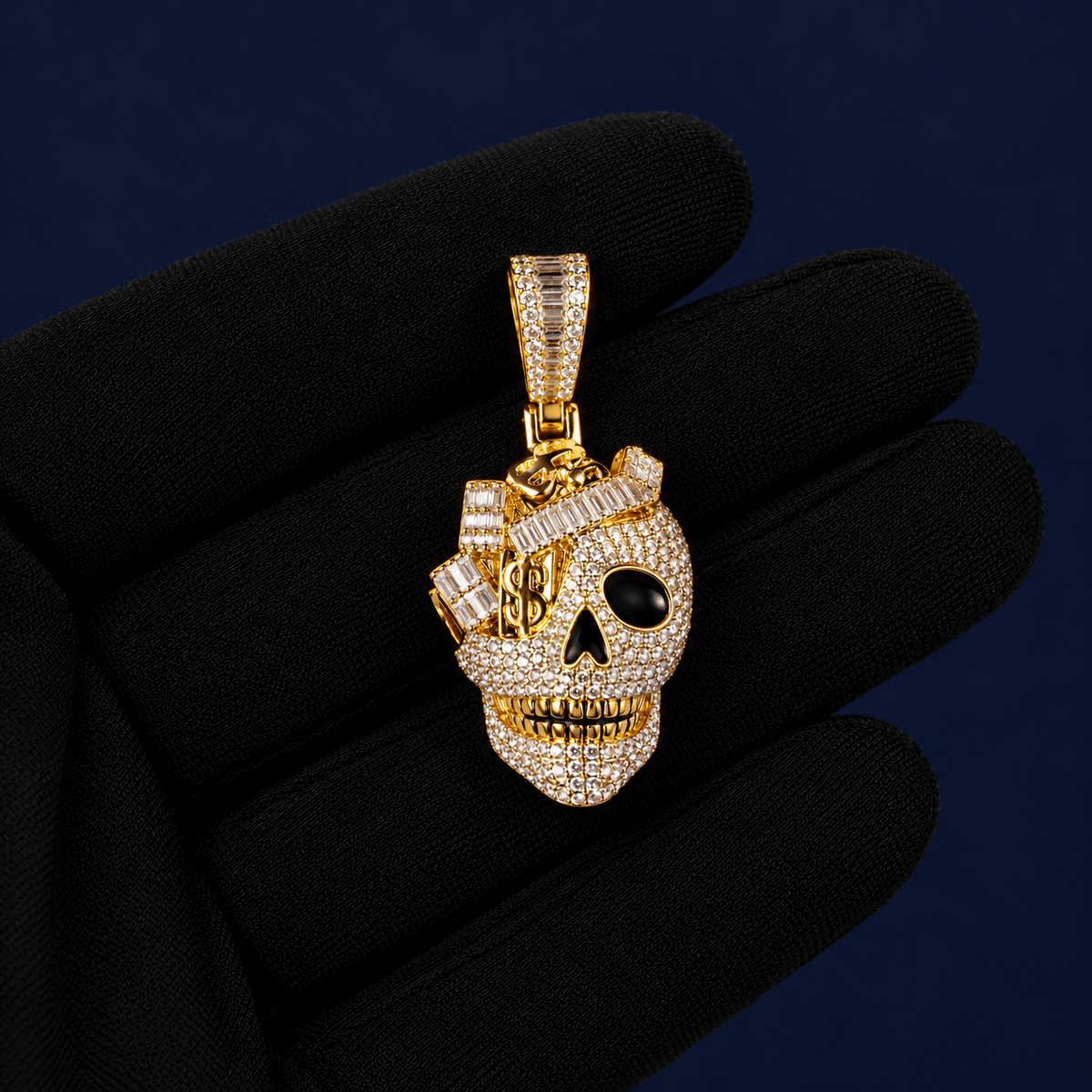 Iced Out 2.70CT Moissanite Baguette Money Skull Pendant in Premium Sterling Silver