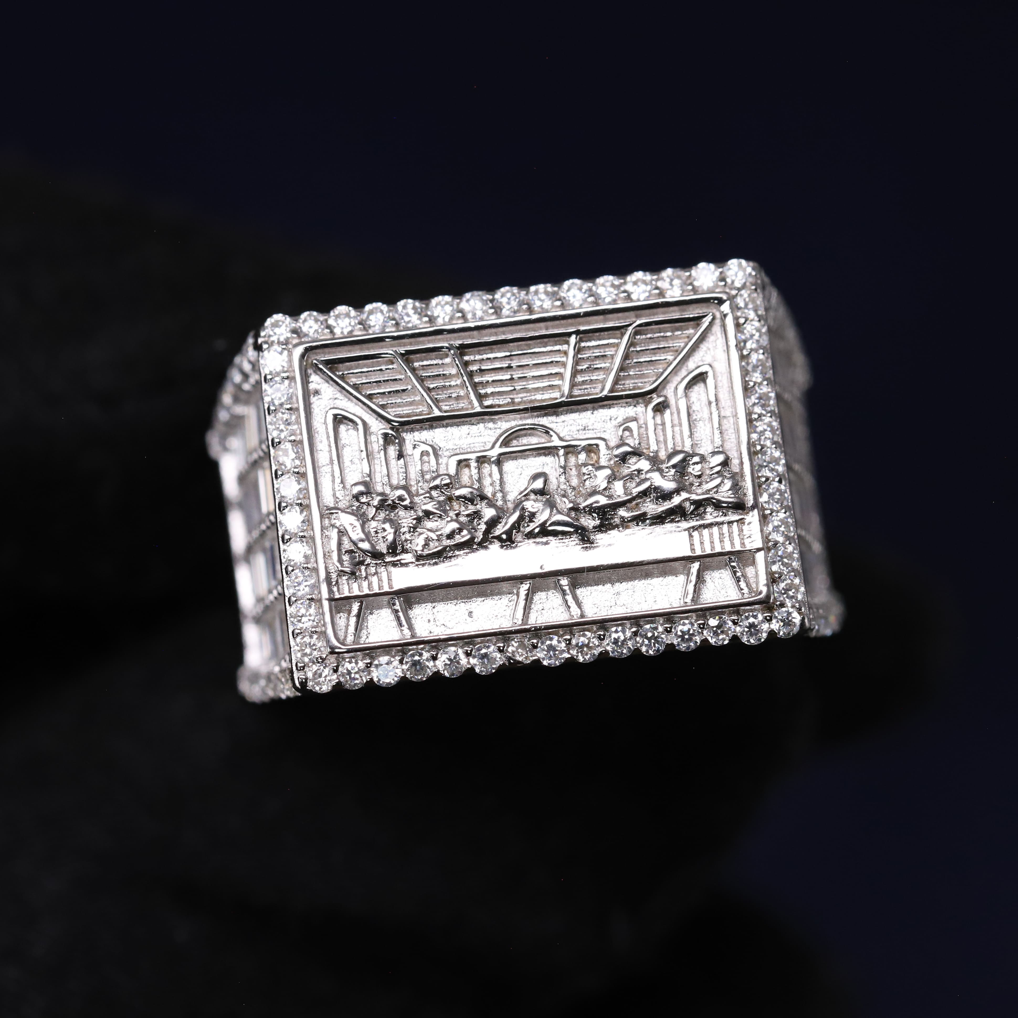 Men's Iced 2-5/8CT Moissanite Last Supper Signet Ring in Premium Sterling Silver