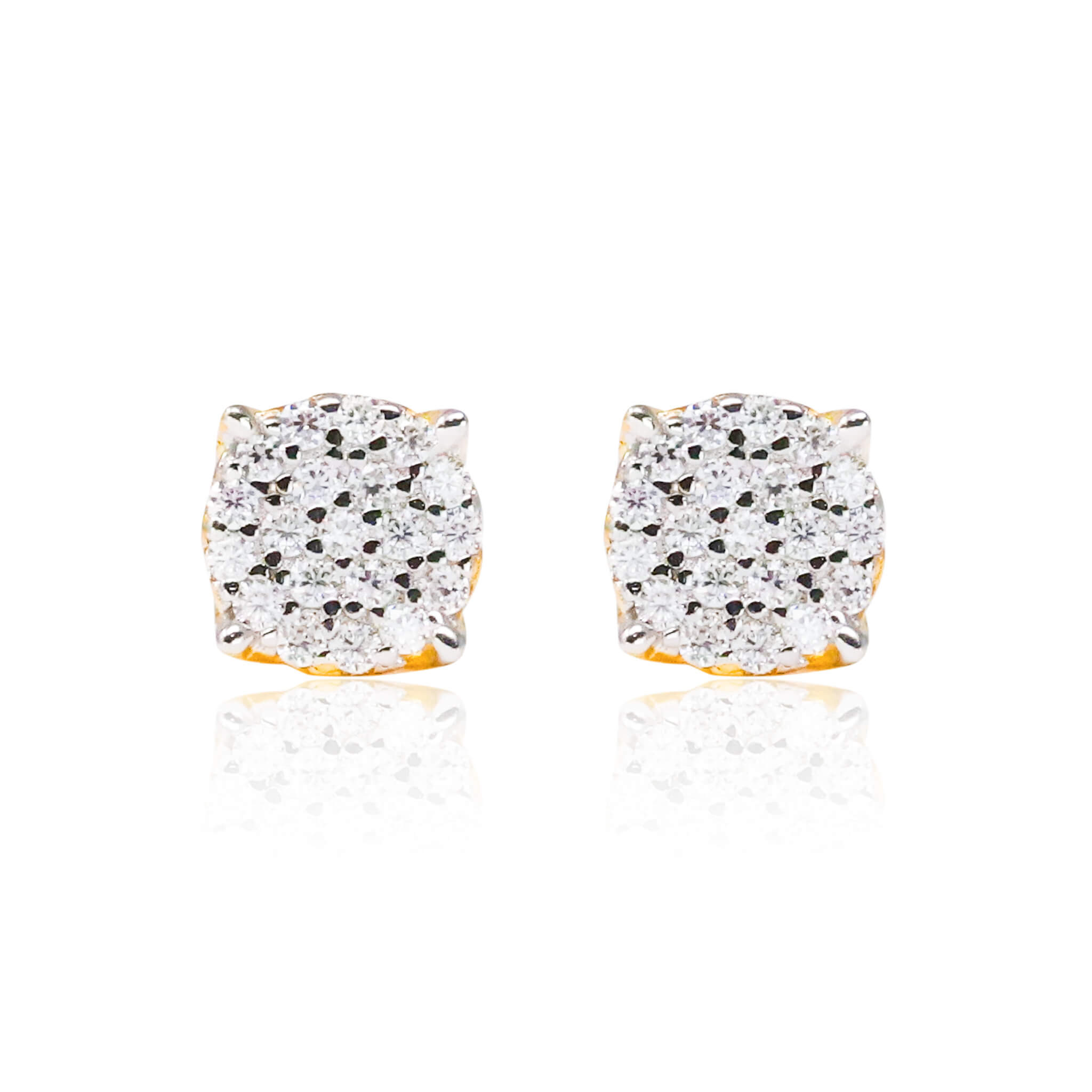 5mm Moissanite cluster earrings with 0.26ct diamonds in a gold-tone cushion setting, sterling silver.