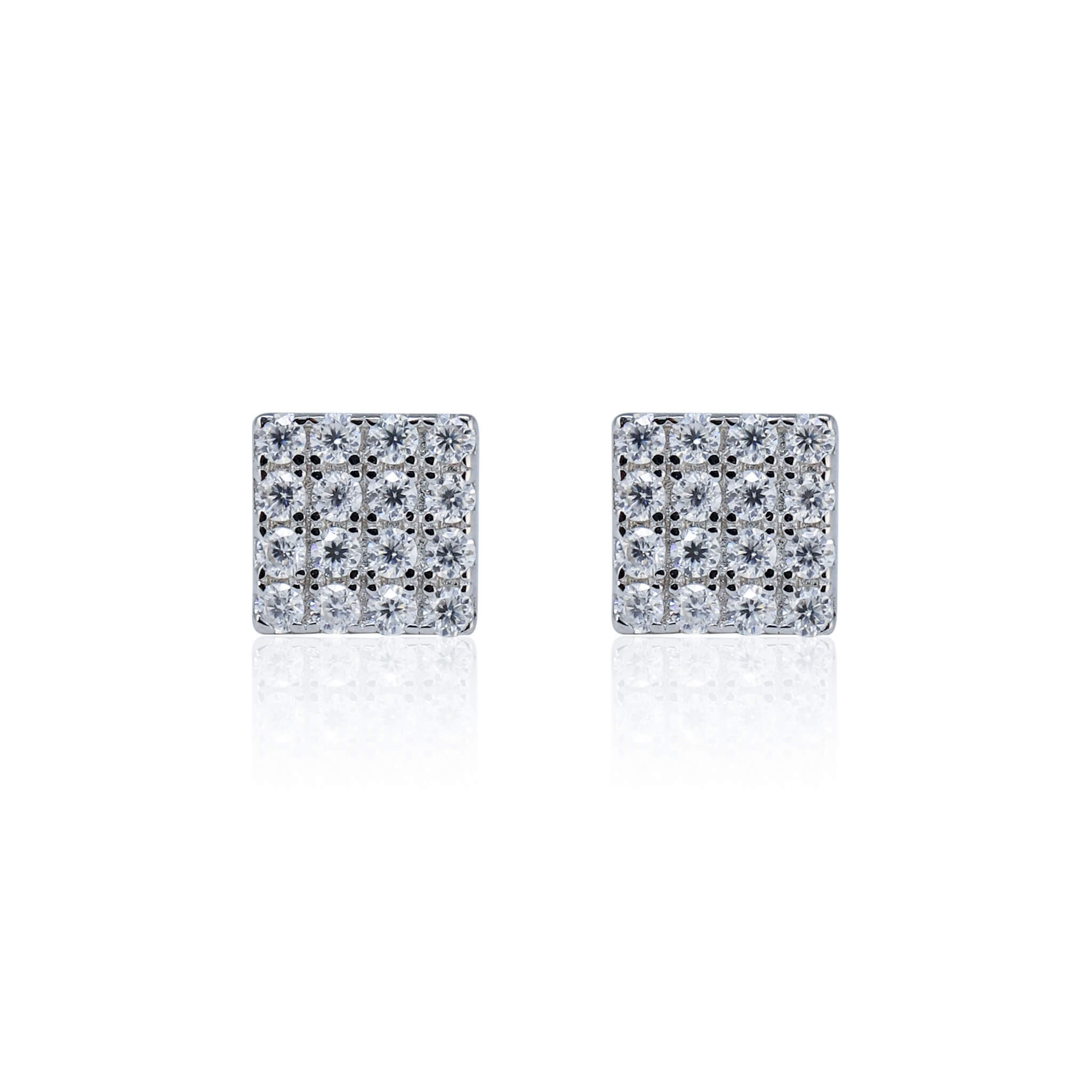 5mm square Moissanite cluster earrings with 0.15ct diamond studs in polished sterling silver.