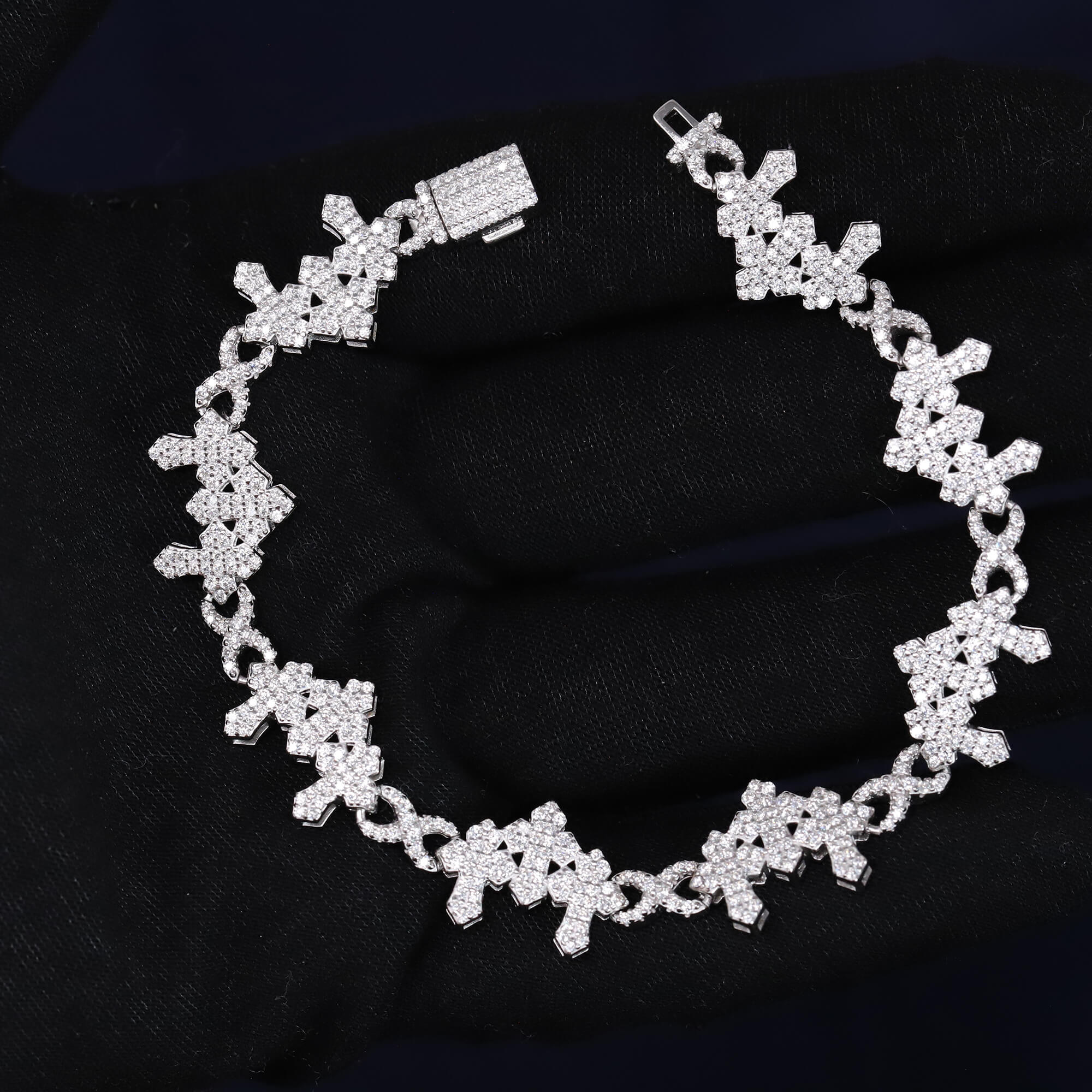 Iced Out 4.22CT Moissanite Triple Cross Link Bracelet in Premium Sterling Silver