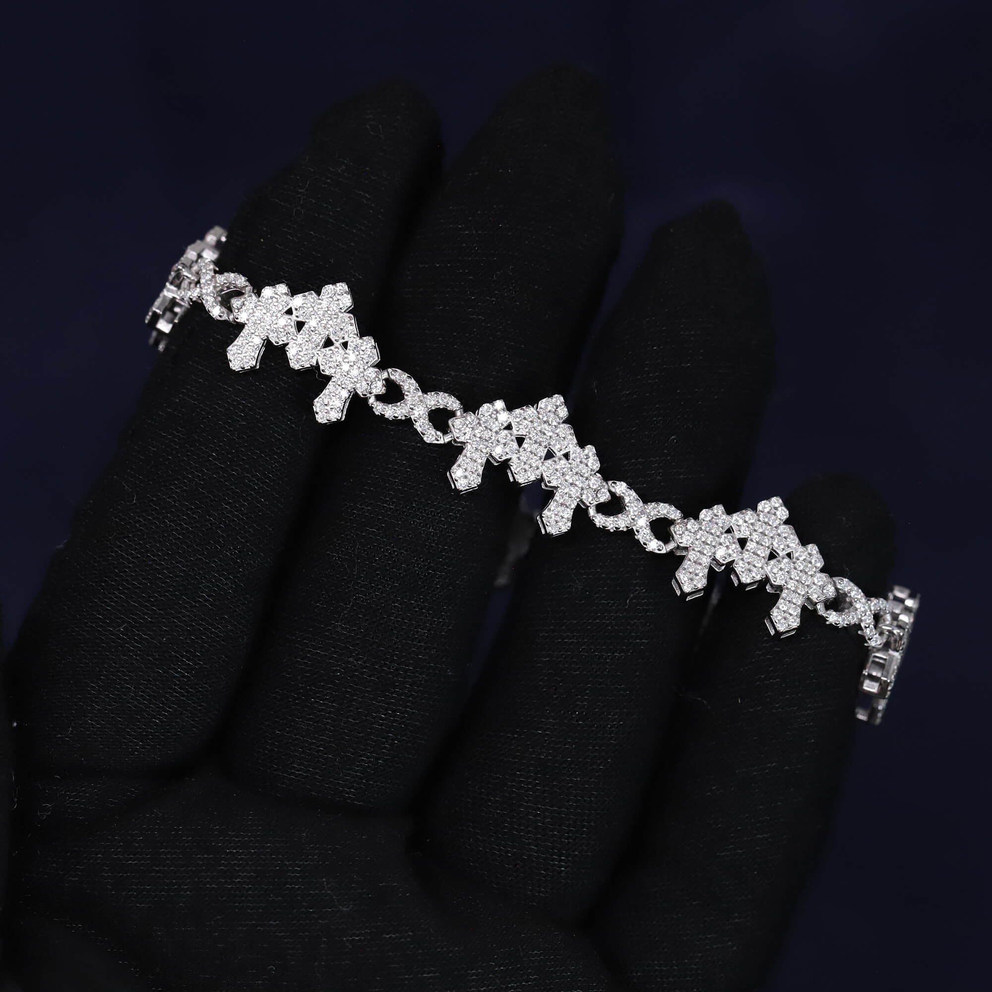 Iced Out 4.22CT Moissanite Triple Cross Link Bracelet in Premium Sterling Silver