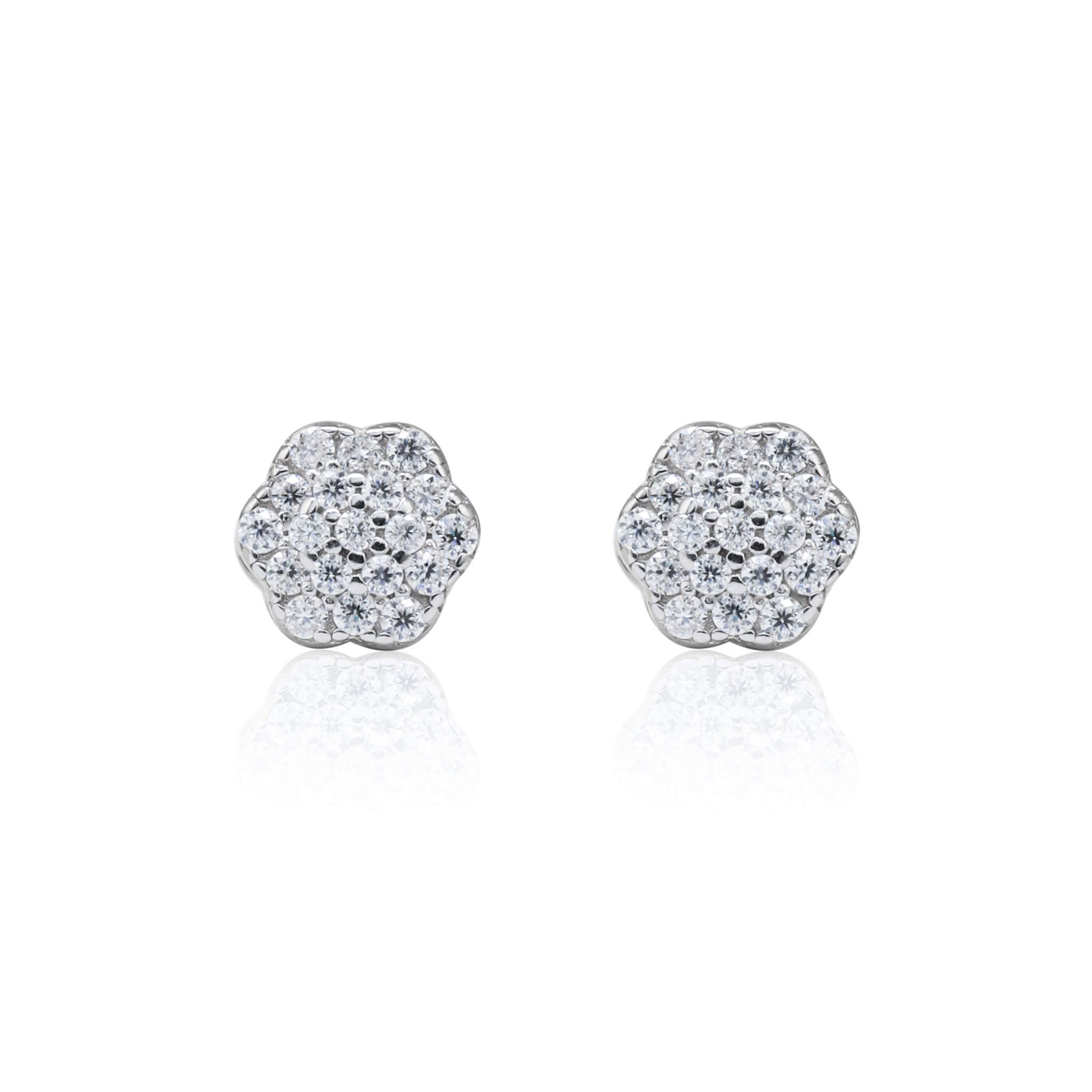 Sterling silver 6mm floral moissanite cluster earrings with round diamond-style sparkle.