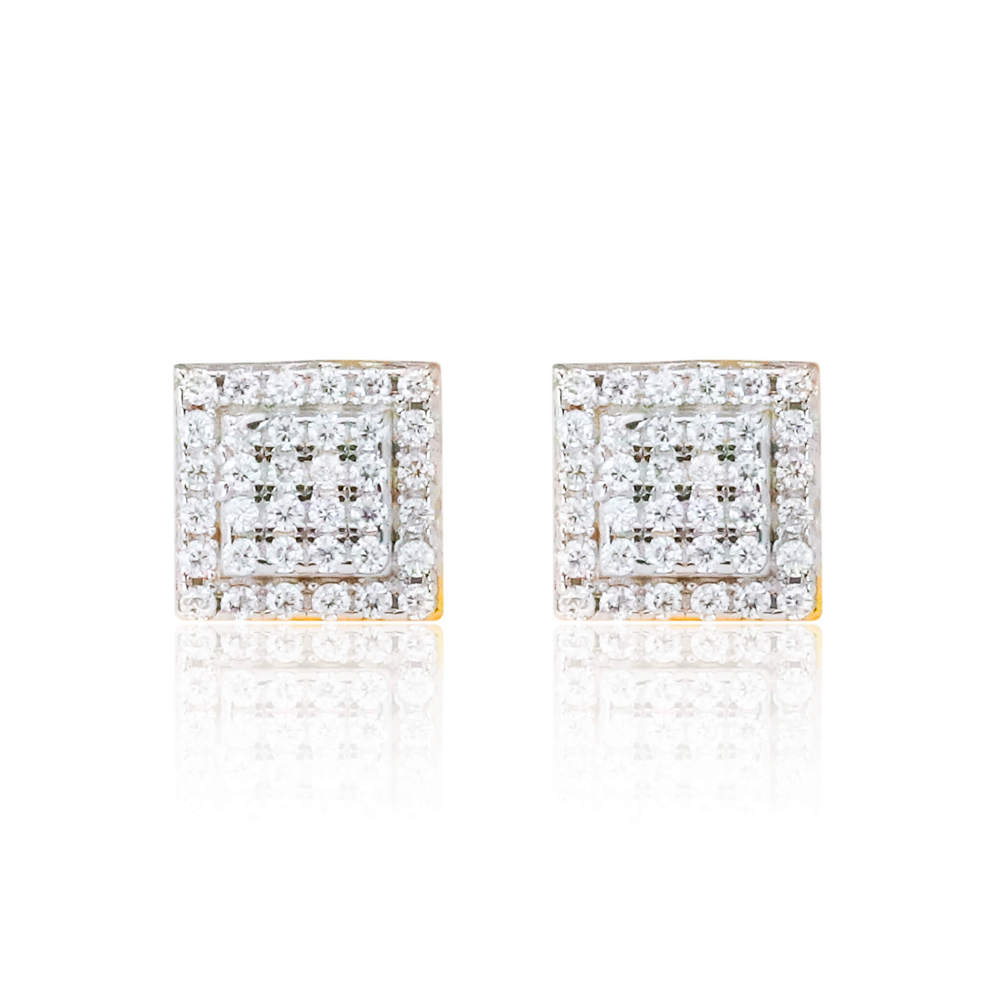 6mm moissanite cluster square earrings with double halo design in sterling silver, reflective studio view.