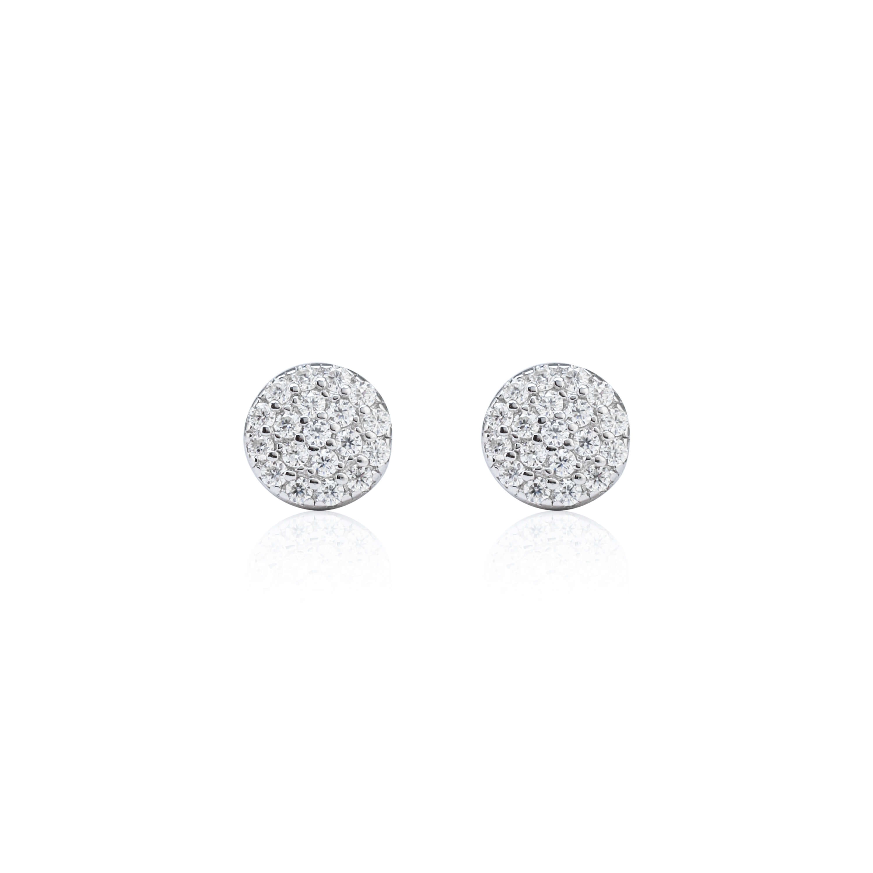 6mm round moissanite cluster earrings with pavé diamond studs in polished sterling silver.