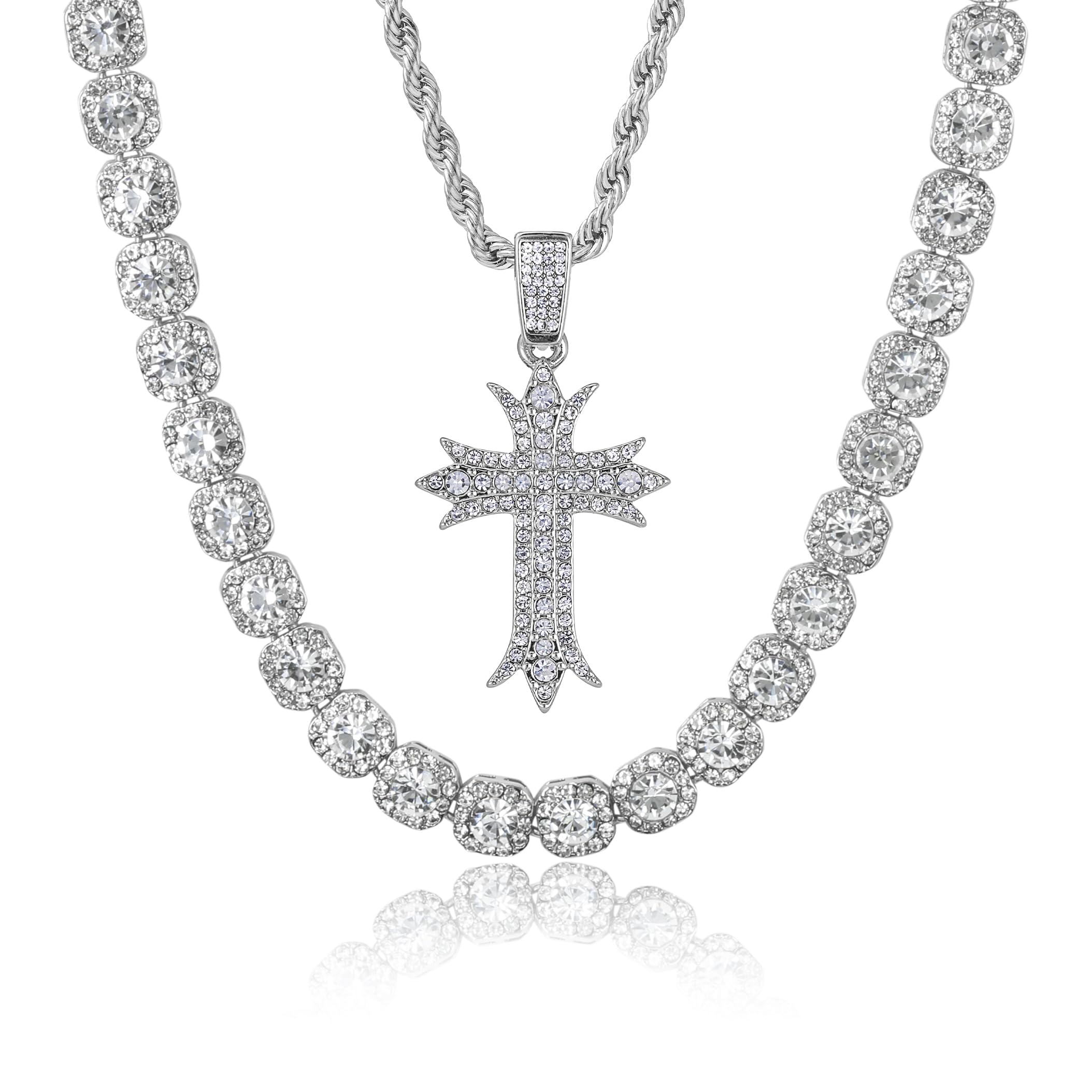 Men's Iced Out Pendant Necklace & Cluster Chain Set