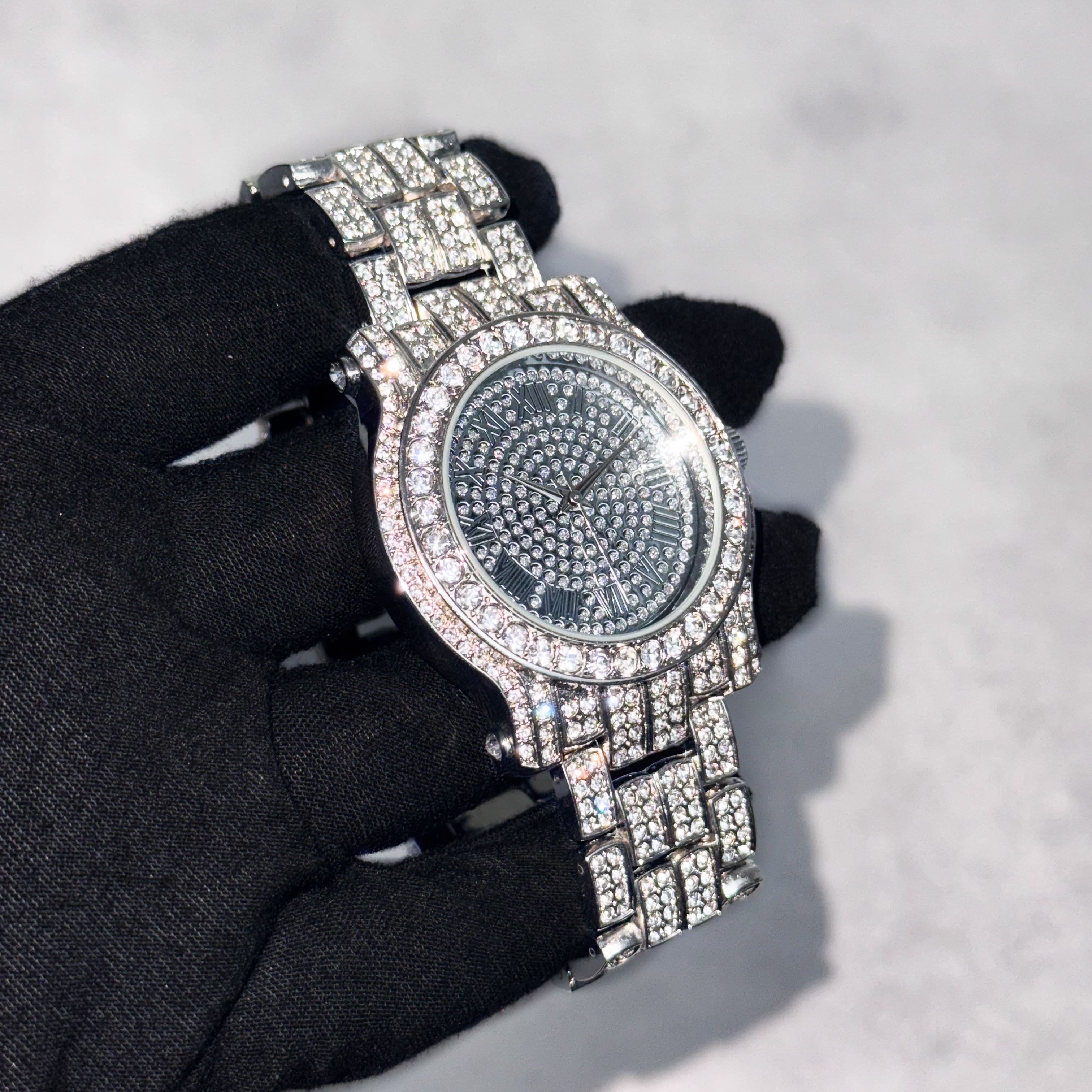 Men's 43mm Iced Out Roman Dial Watch - Metal Band, Quartz Movement
