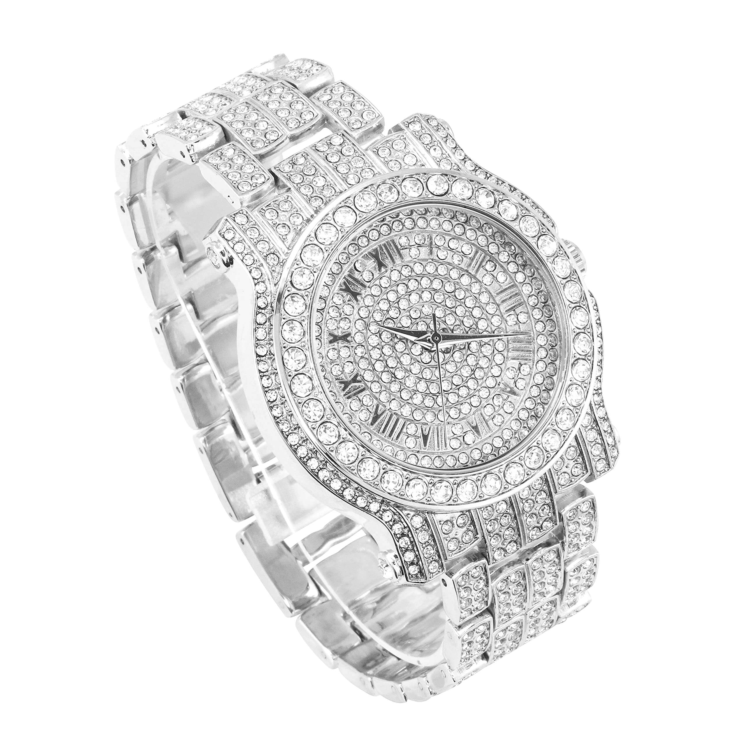 Men’s 45mm Iced Out Roman Dial Watch - Silicone Band, Quartz Movement