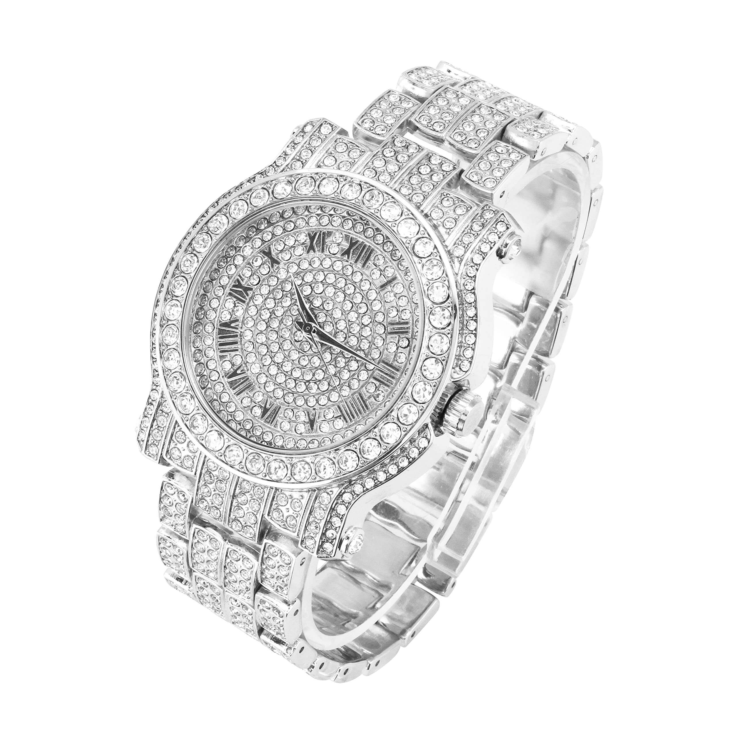Men’s 45mm Iced Out Roman Dial Watch - Silicone Band, Quartz Movement