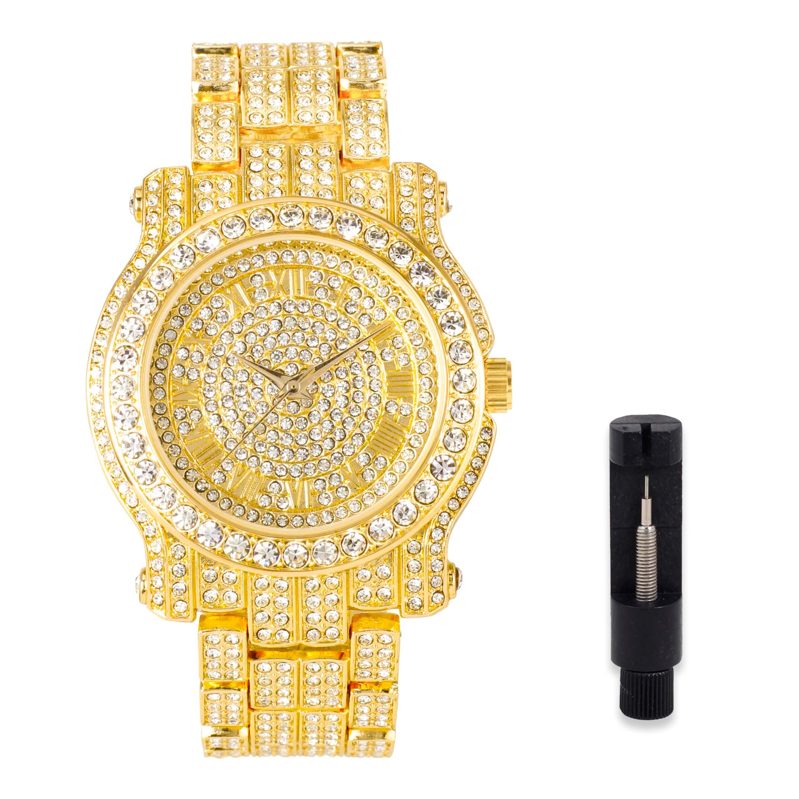 Men’s 45mm Iced Out Roman Dial Watch - Silicone Band, Quartz Movement