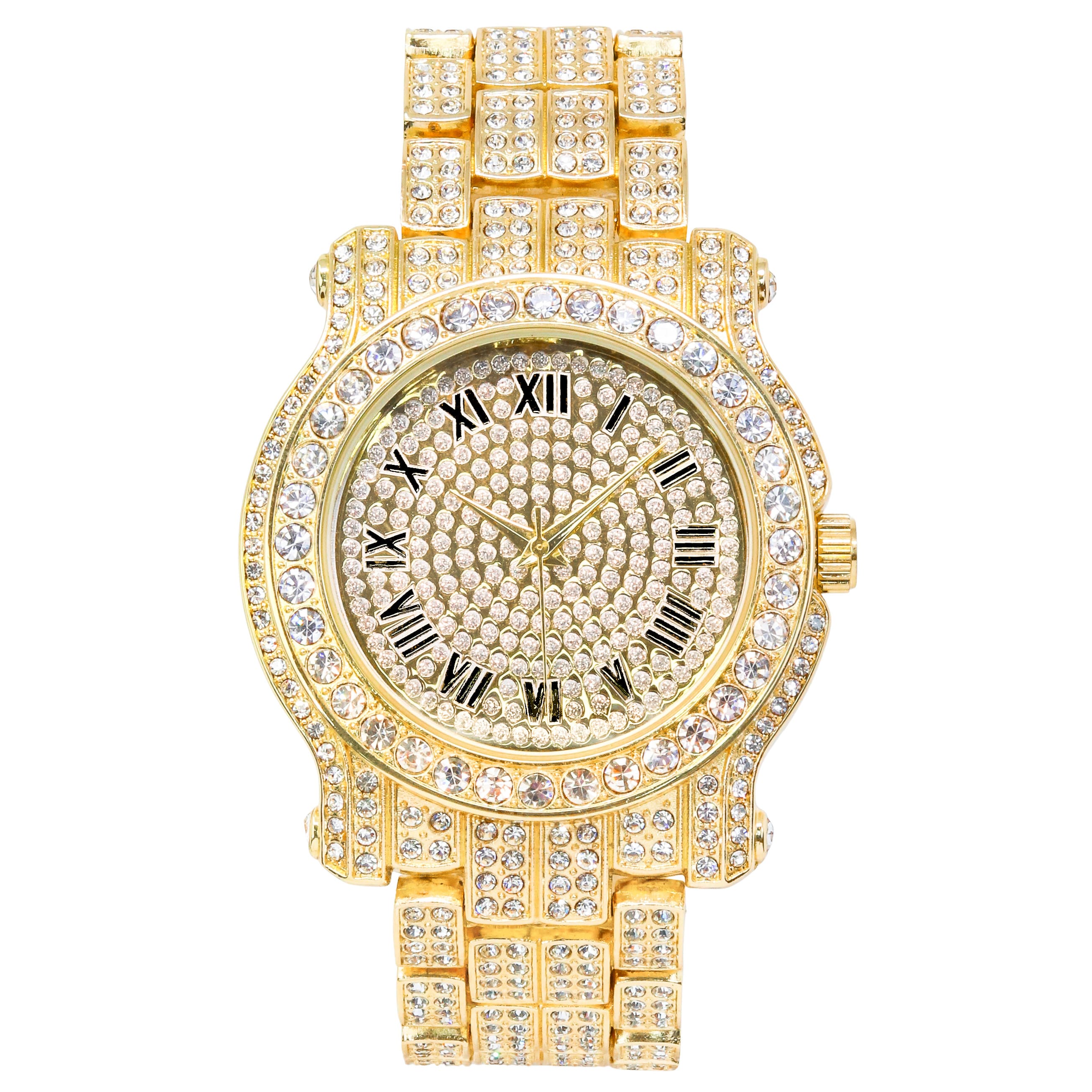 Men's 43mm Iced Out Roman Dial Watch - Metal Band, Quartz Movement