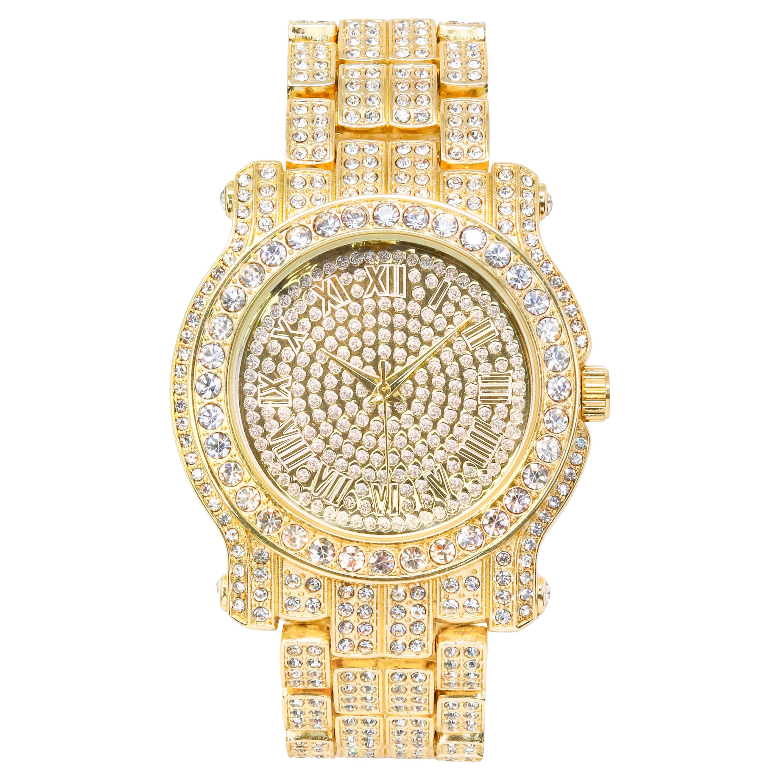 Men's 43mm Iced Out Roman Dial Watch - Metal Band, Quartz Movement