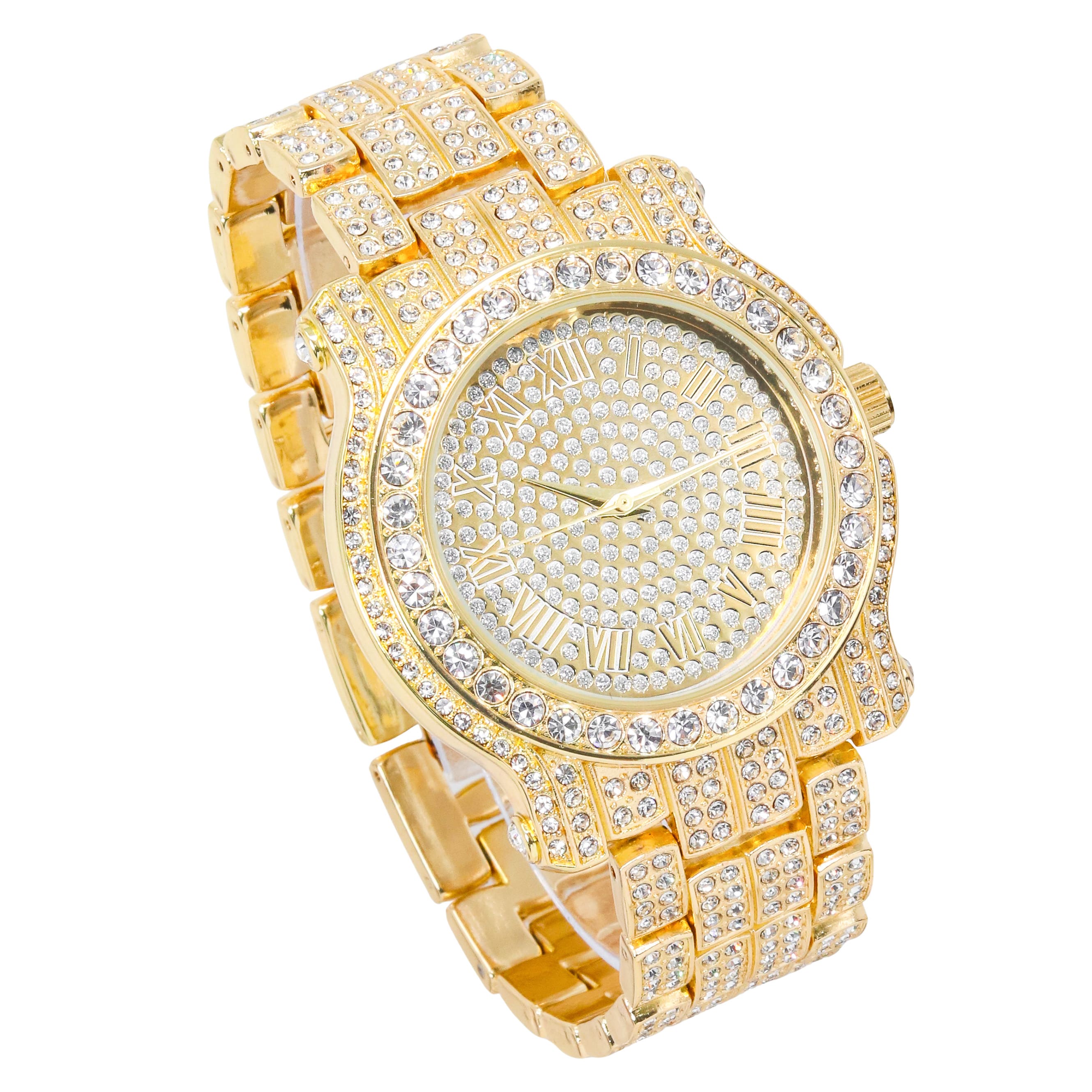 Men's 43mm Iced Out Roman Dial Watch - Metal Band, Quartz Movement