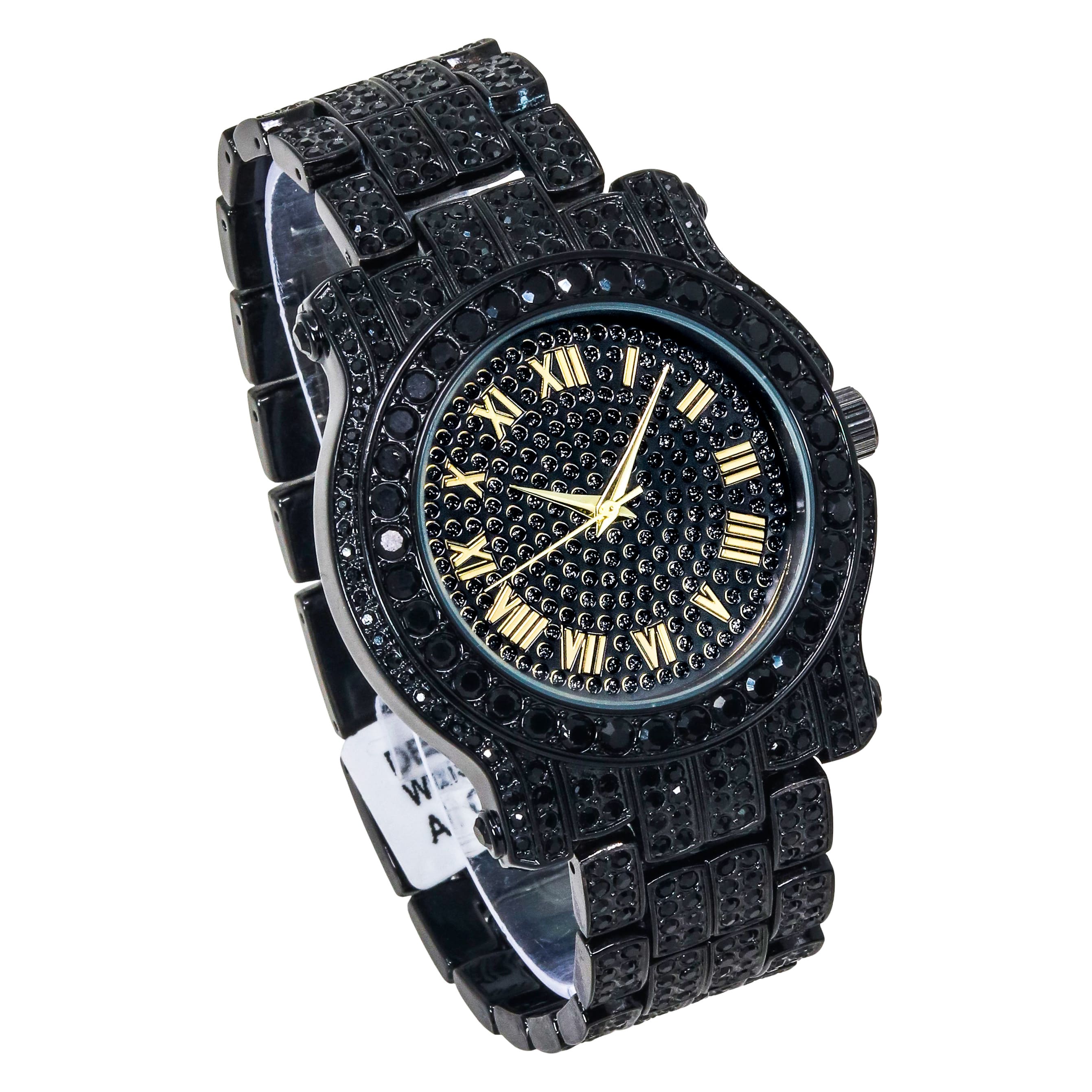 Men's 43mm Iced Out Roman Dial Watch - Metal Band, Quartz Movement