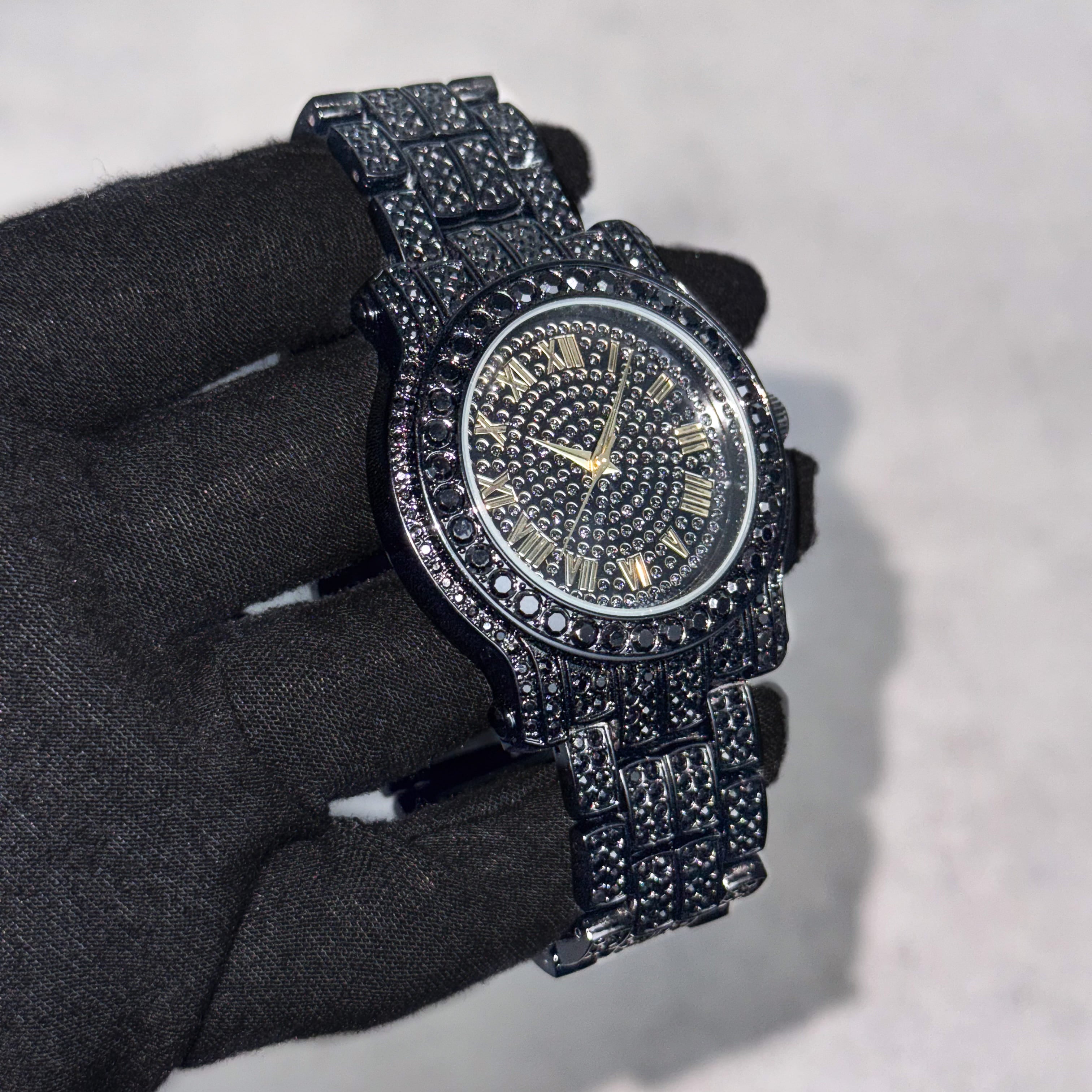 Men's 43mm Iced Out Roman Dial Watch - Metal Band, Quartz Movement