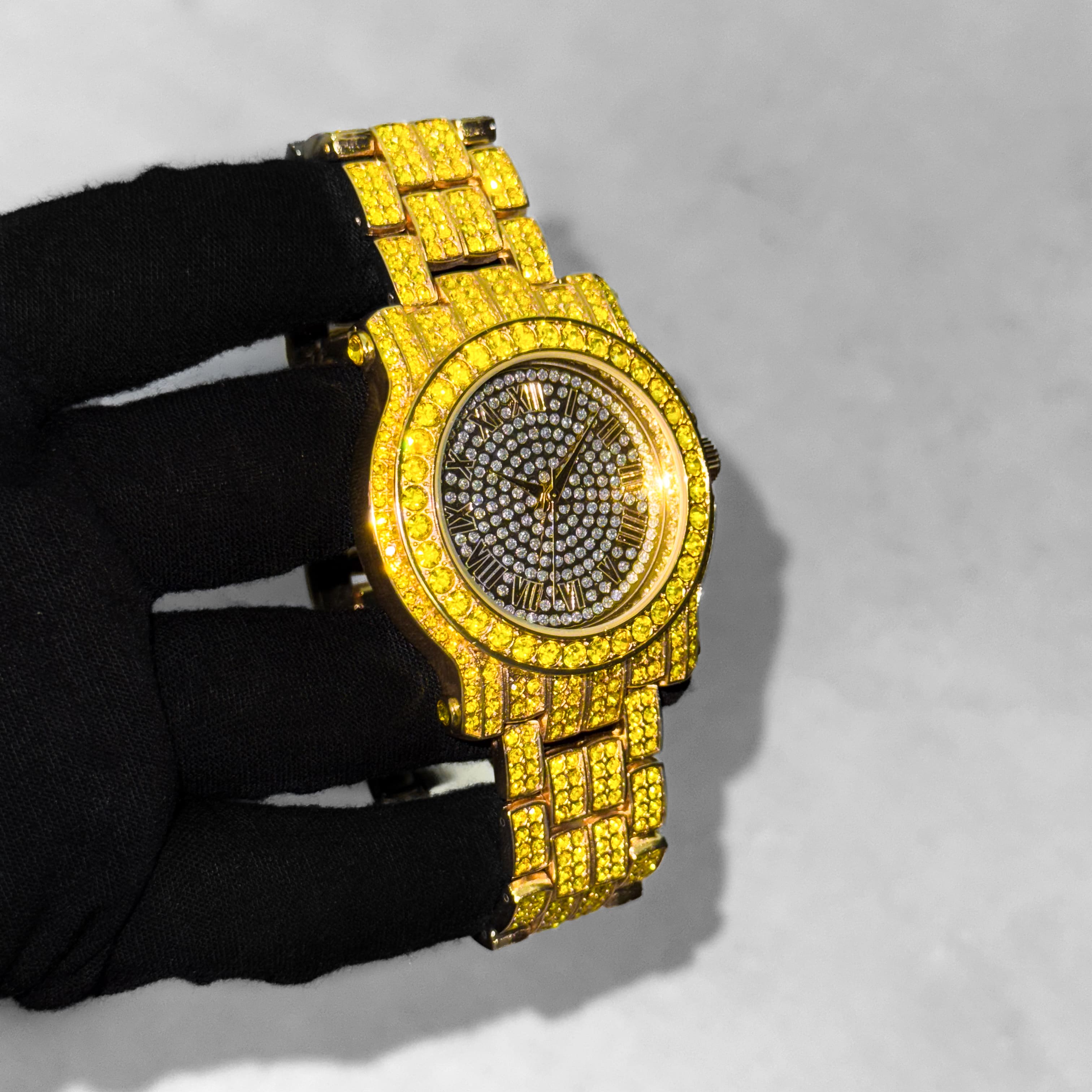 Men's 43mm Iced Out Roman Dial Watch - Metal Band, Quartz Movement