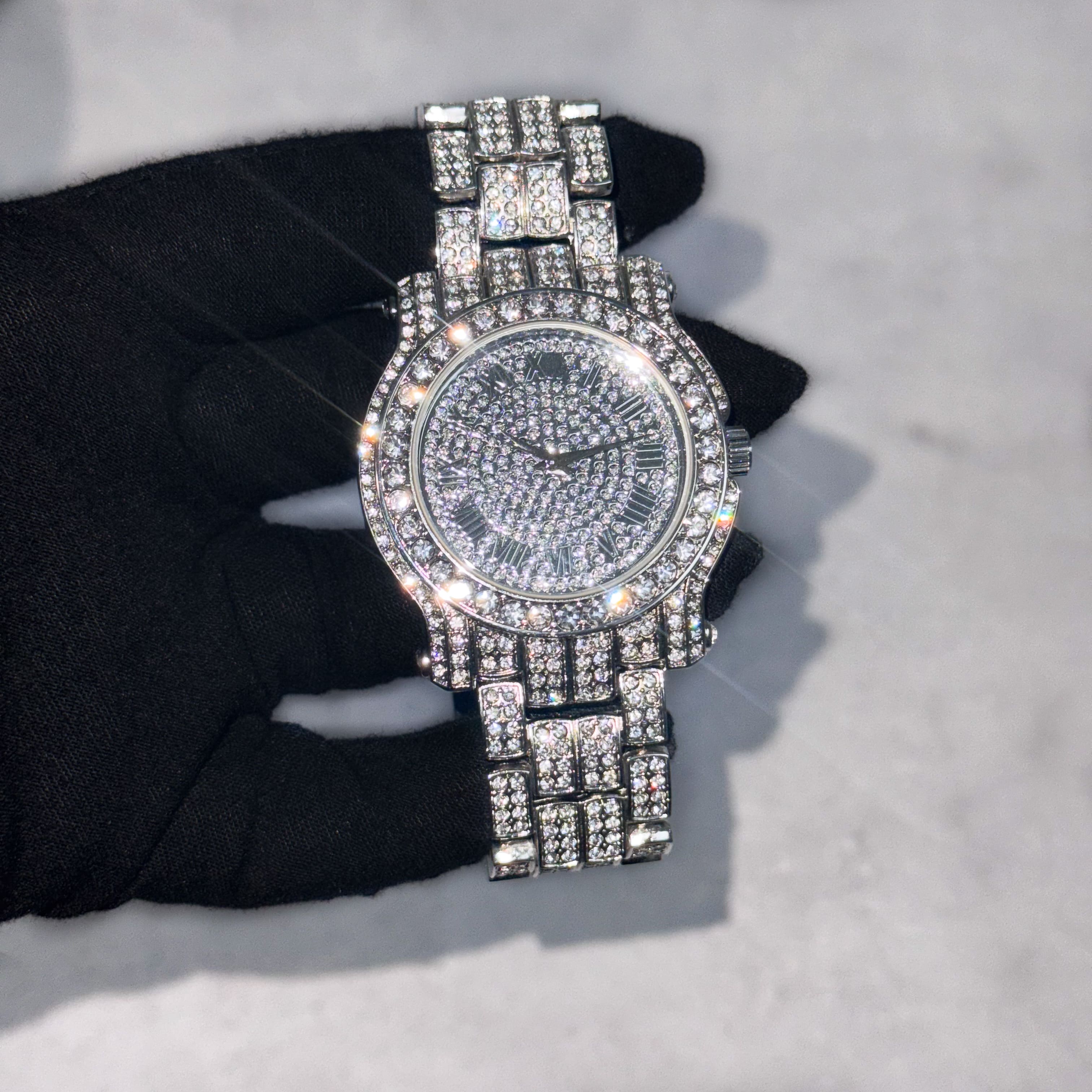 Men's 43mm Iced Out Roman Dial Watch - Metal Band, Quartz Movement