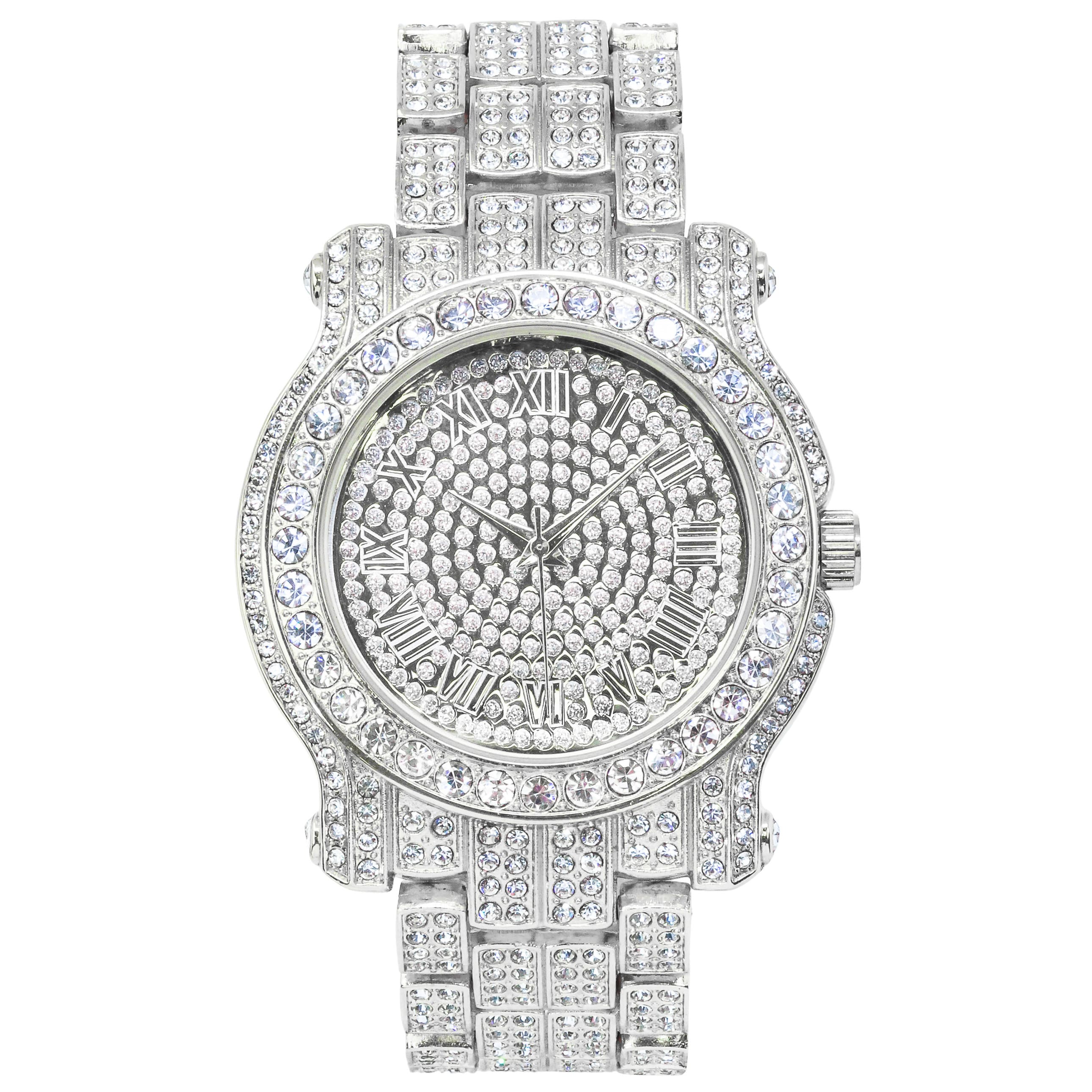 Men's 43mm Iced Out Roman Dial Watch - Metal Band, Quartz Movement