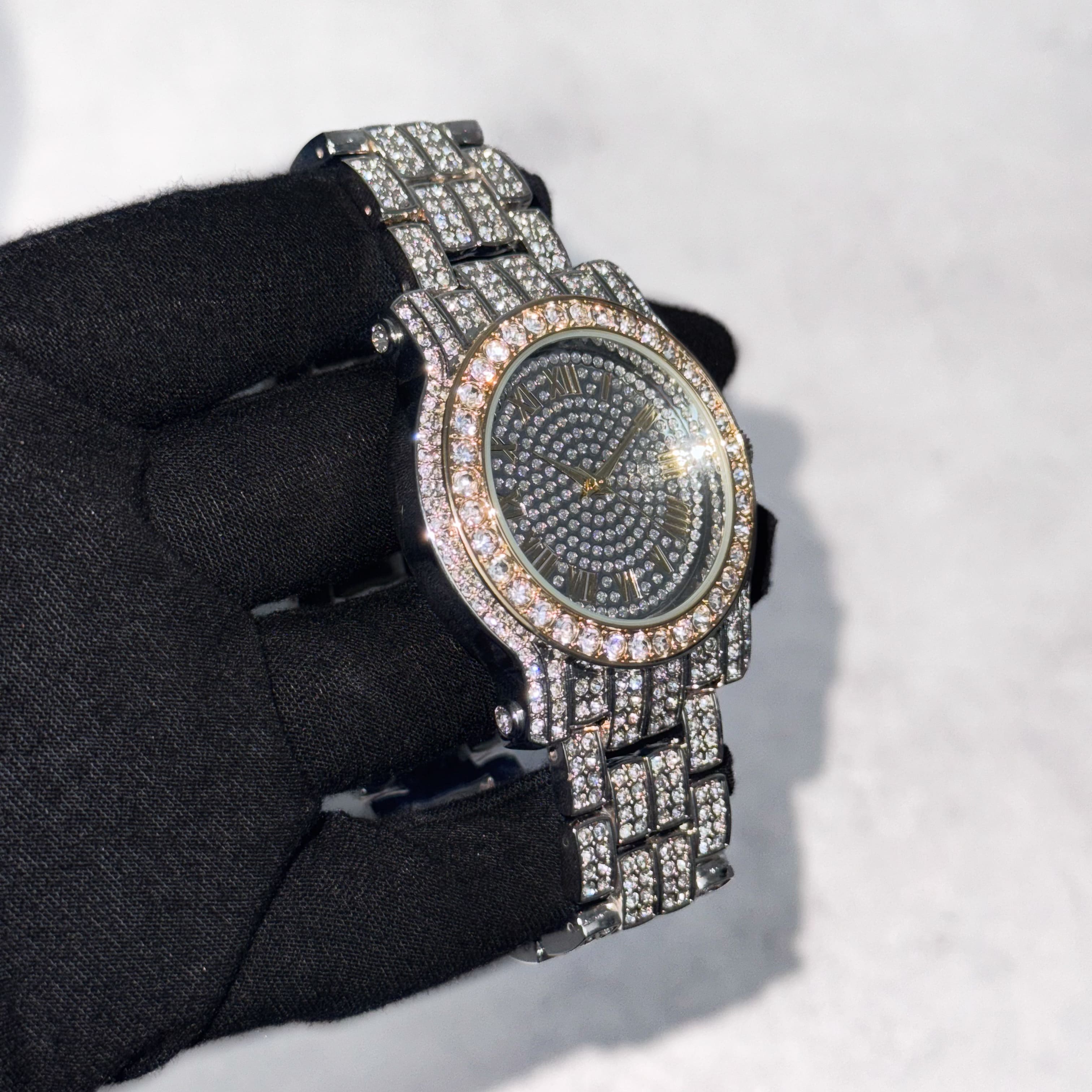 Men's 43mm Iced Out Roman Dial Watch - Metal Band, Quartz Movement