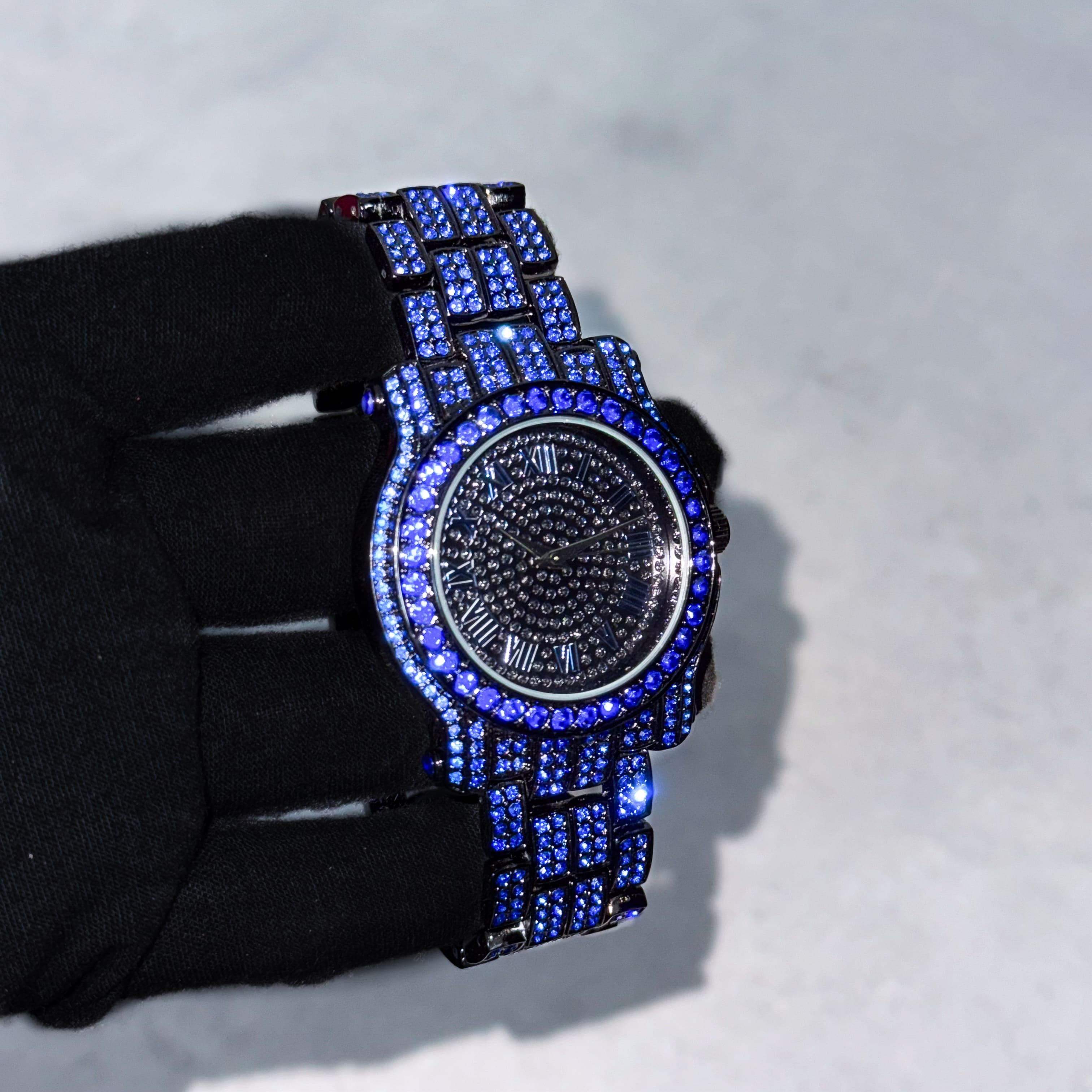 Men's 43mm Iced Out Roman Dial Watch - Metal Band, Quartz Movement