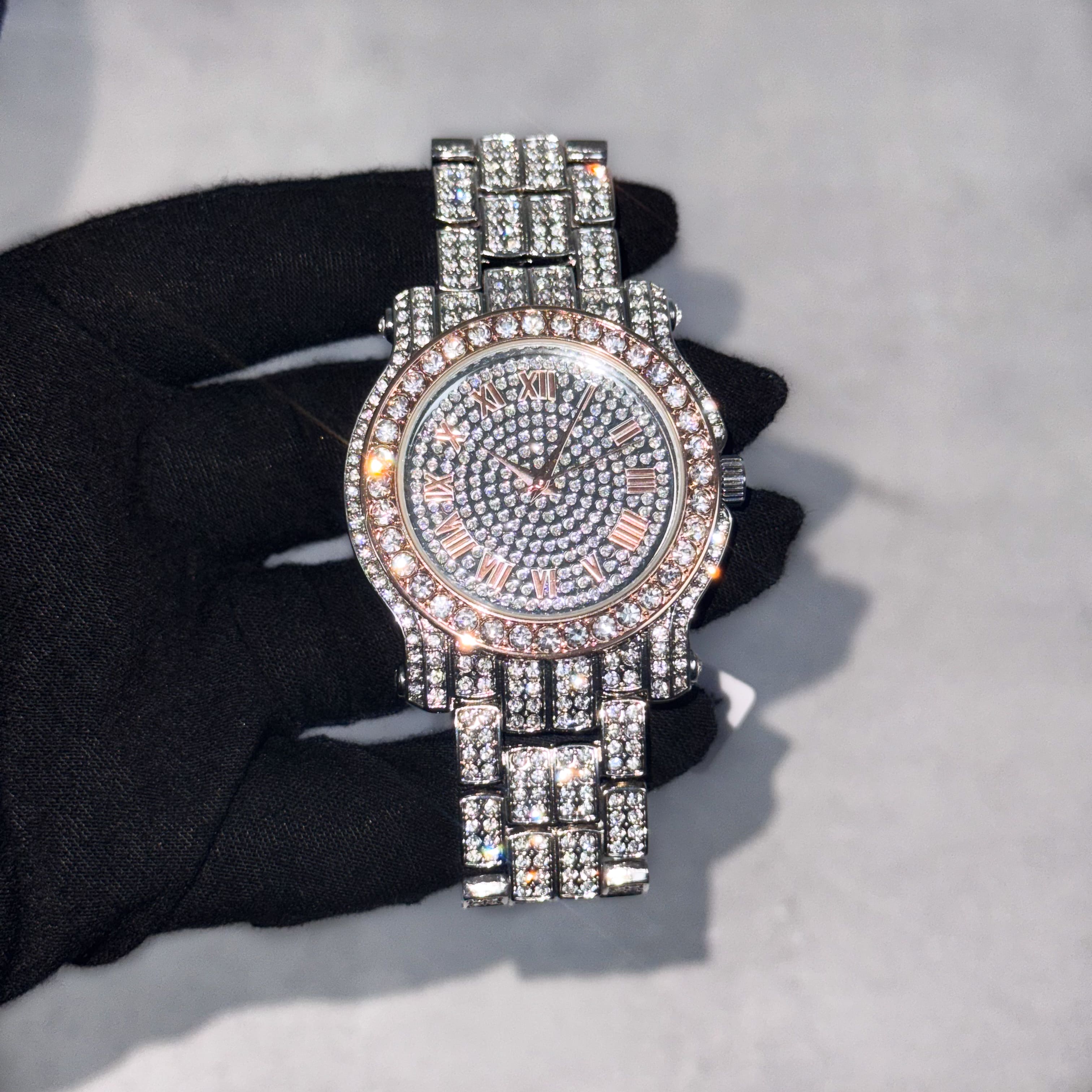 Men's 43mm Iced Out Roman Dial Watch - Metal Band, Quartz Movement