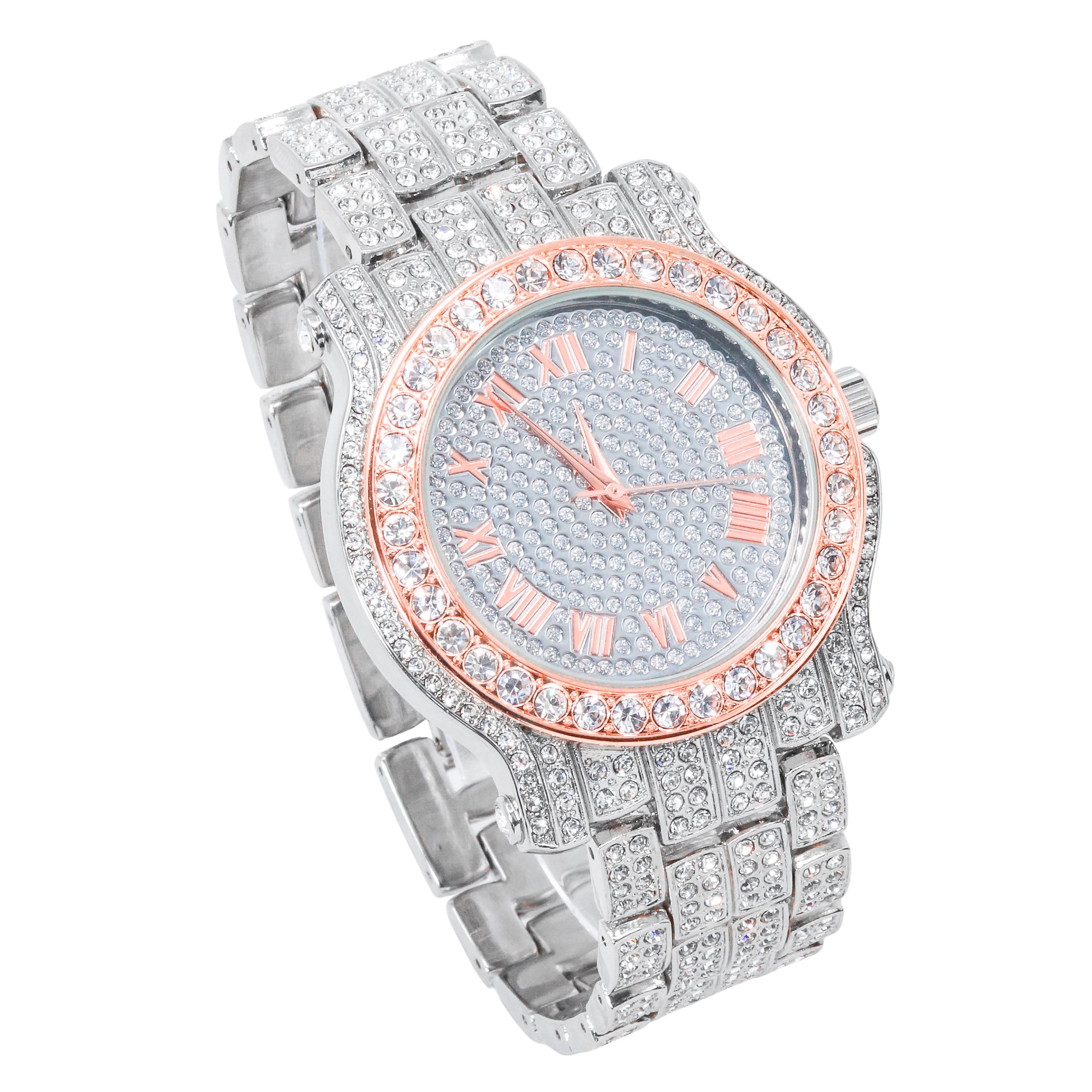 Men's 43mm Iced Out Roman Dial Watch - Metal Band, Quartz Movement