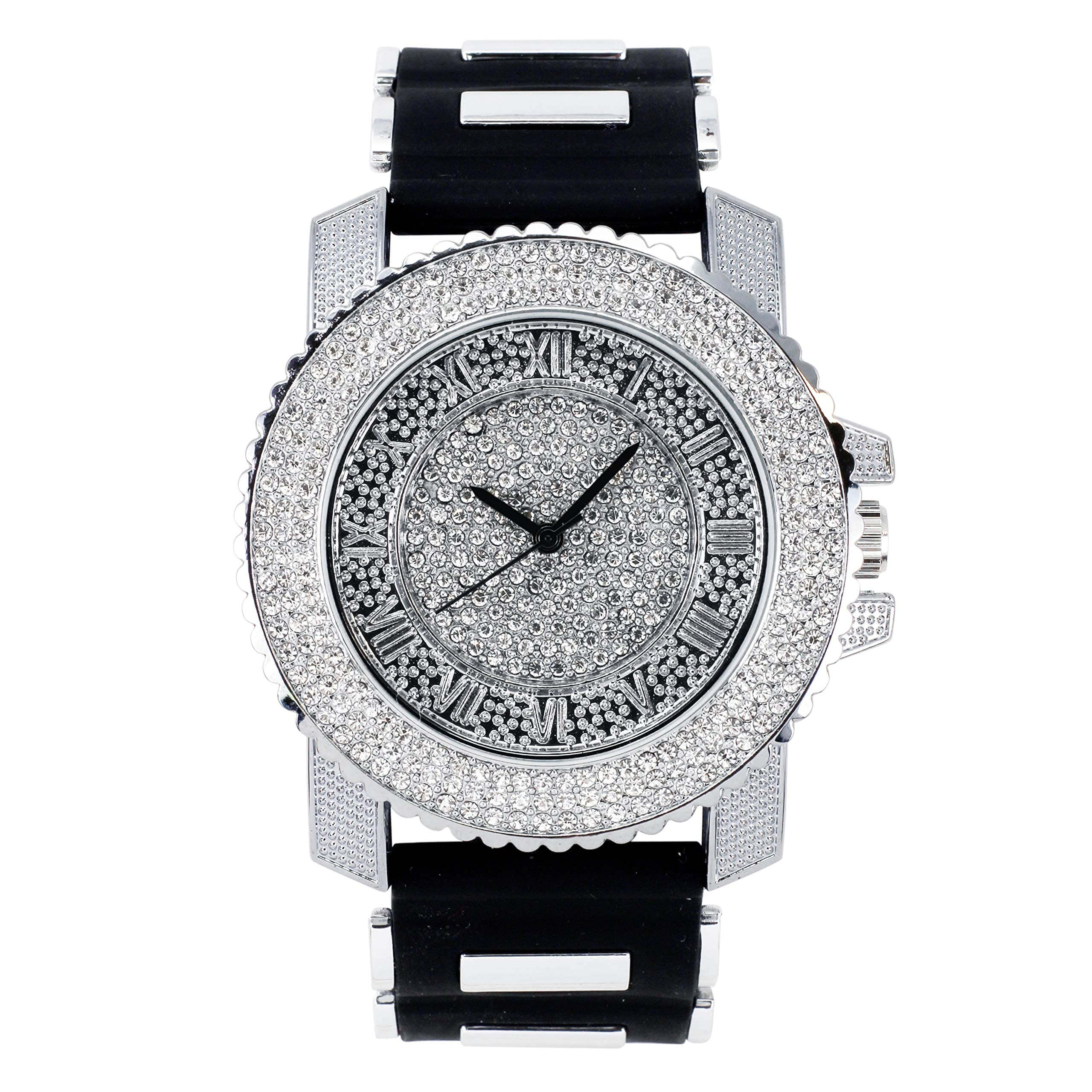 Men’s 41mm Iced Out Round Watch - Silicone Band, Quartz Movement