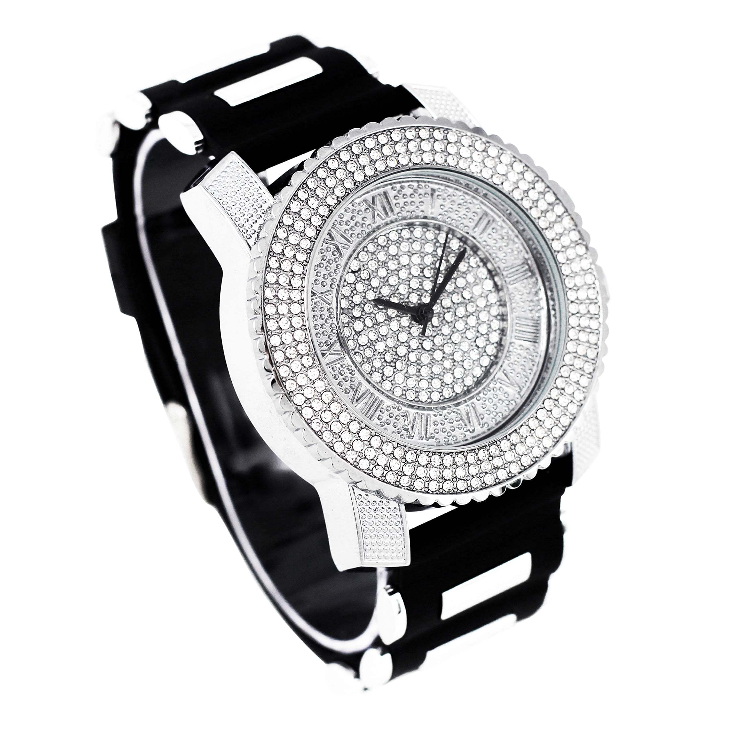 Men’s 41mm Iced Out Round Watch - Silicone Band, Quartz Movement