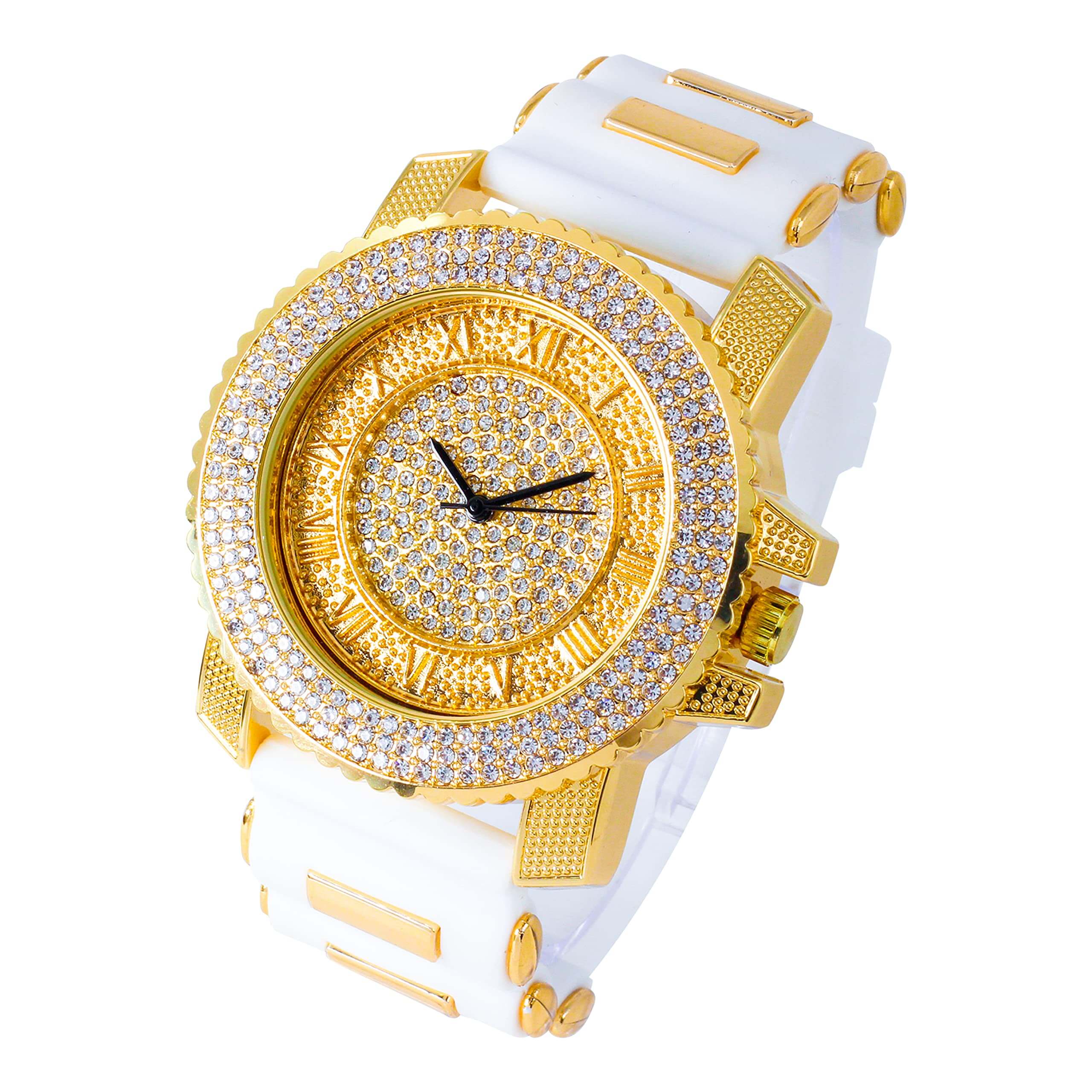 Men’s 41mm Iced Out Round Watch - Silicone Band, Quartz Movement