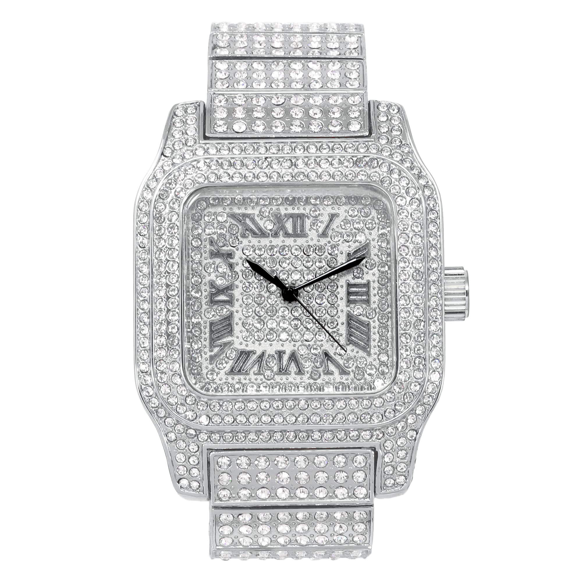 Men's 45mm Square Iced Out Watch - Metal Band, Quartz Movement