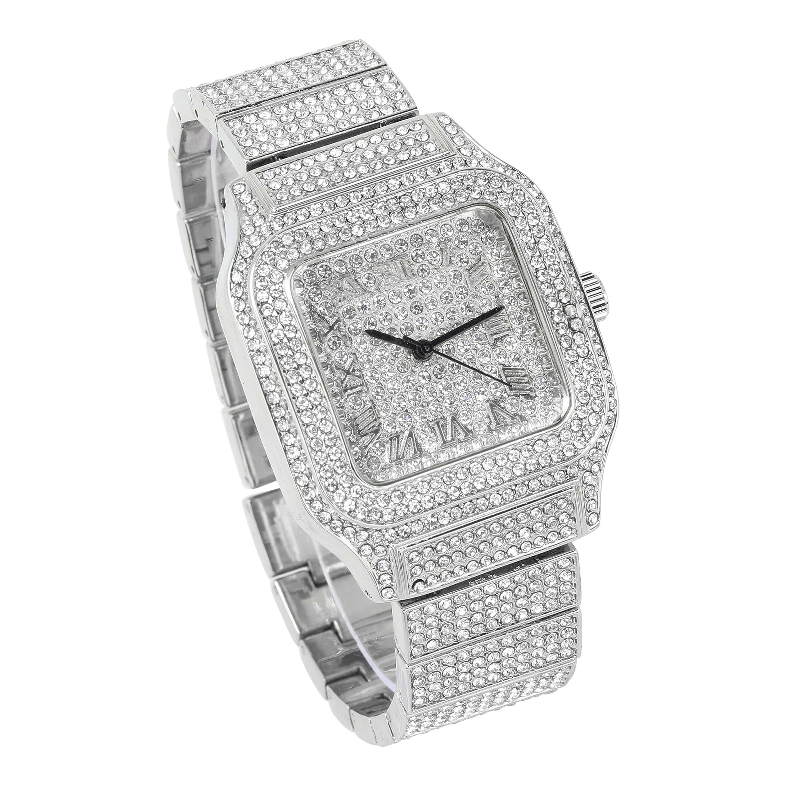 Men's 45mm Square Iced Out Watch - Metal Band, Quartz Movement