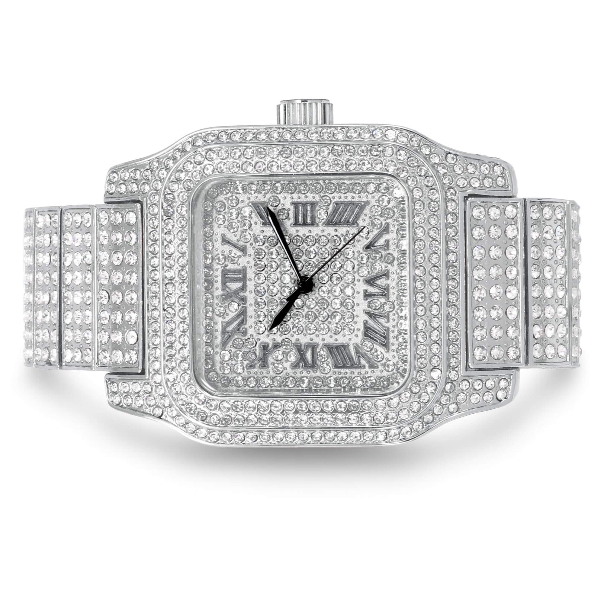 Men's 45mm Square Iced Out Watch - Metal Band, Quartz Movement
