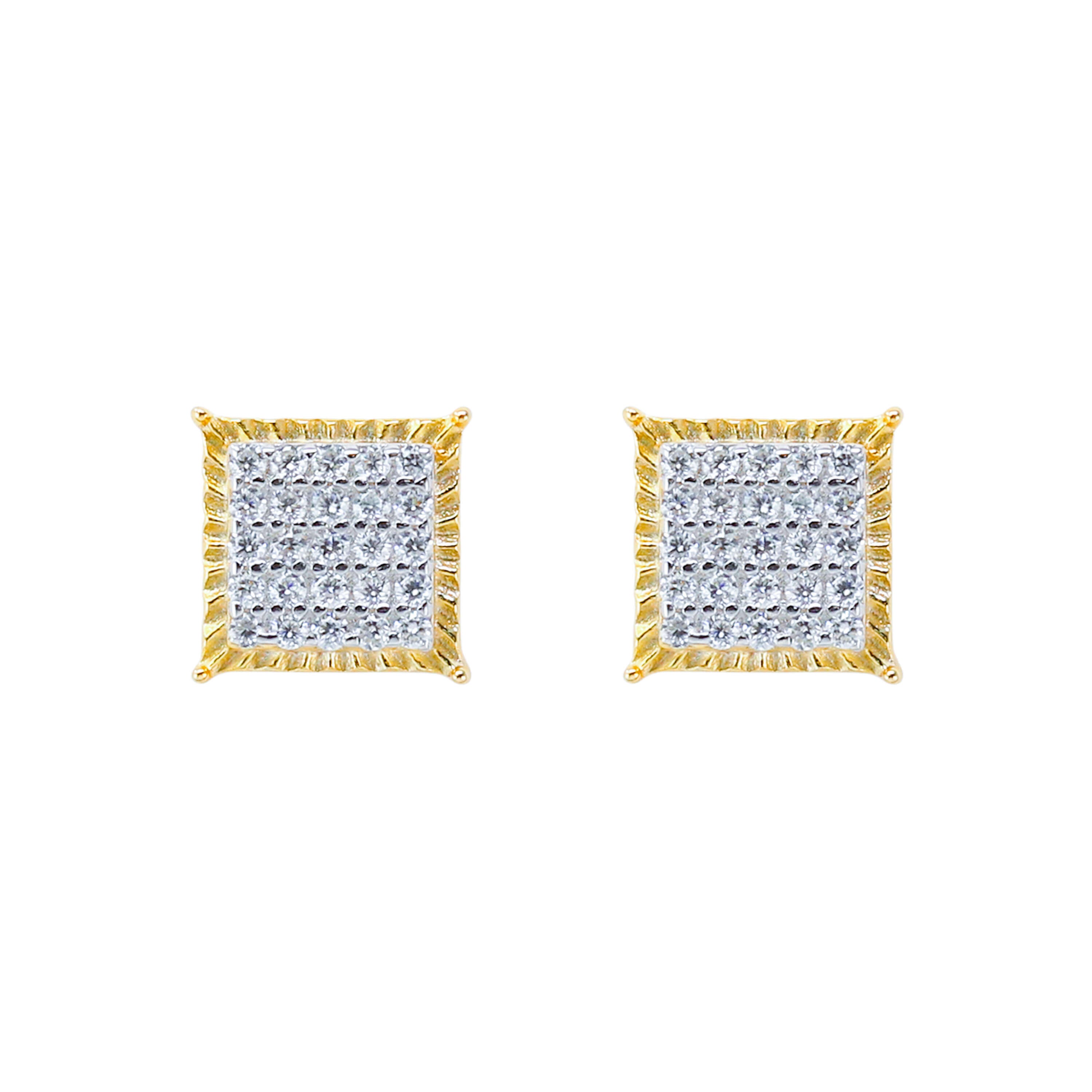 7mm Moissanite cluster earrings with gold square frame and pavé diamonds in sterling silver.