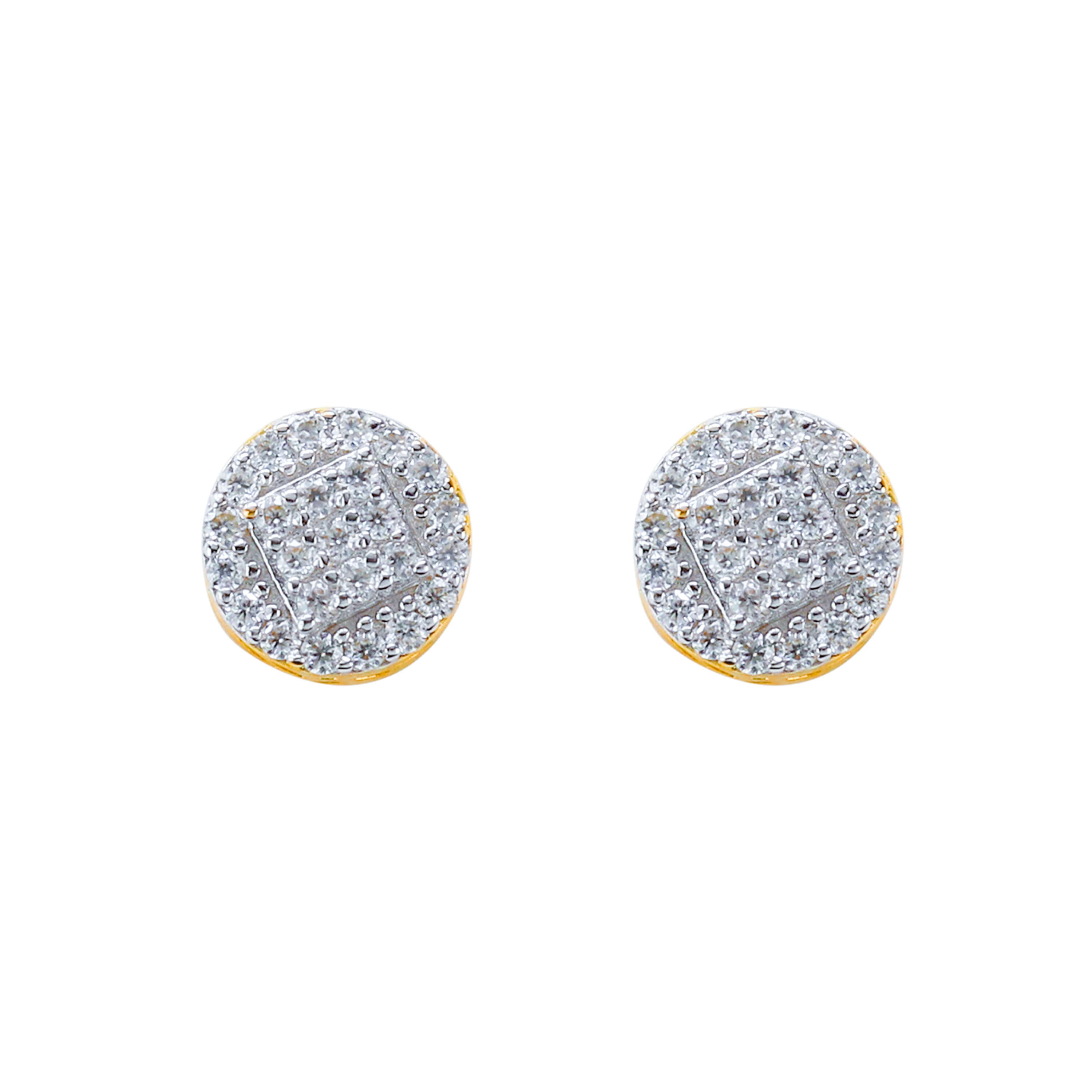 7mm moissanite cluster earrings with round gold base and pavé diamond design in sterling silver.