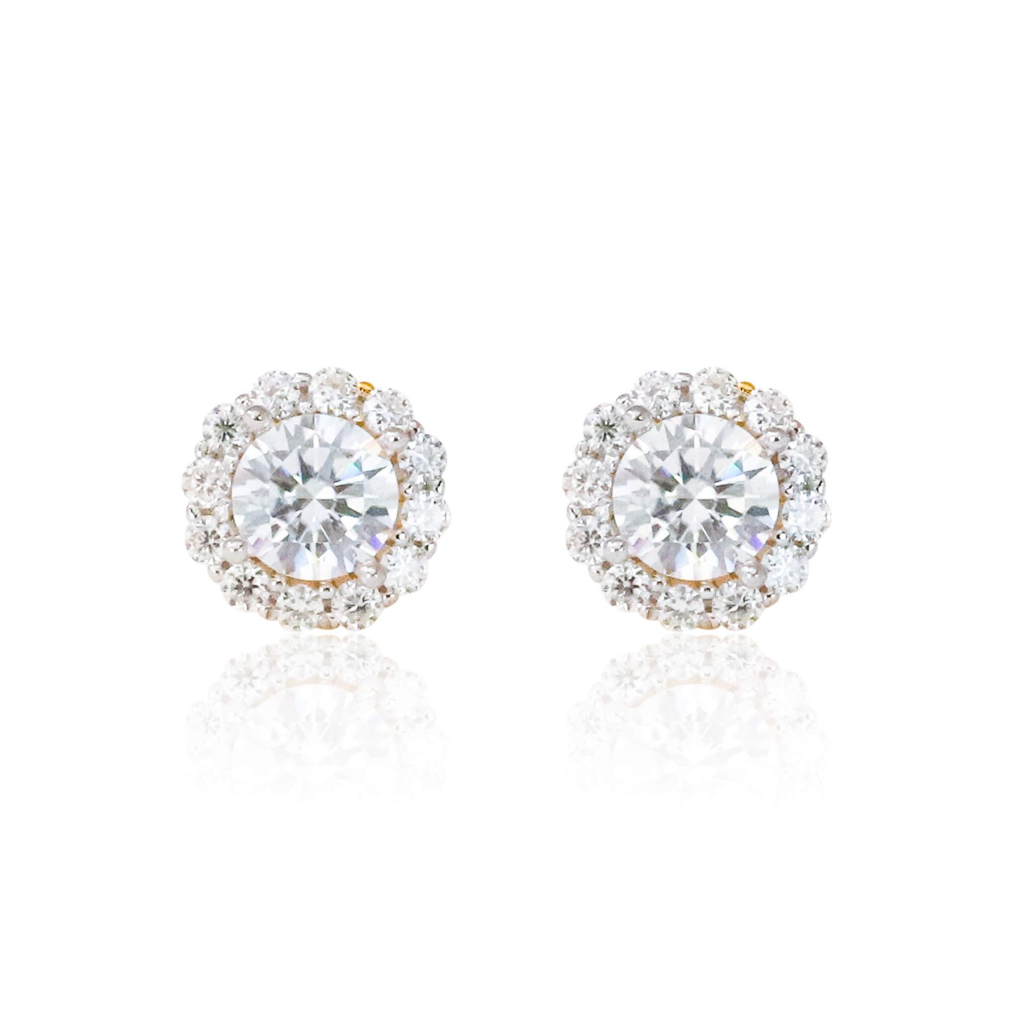 7mm Moissanite cluster earrings with 1.37ct round diamond studs in sterling silver halo setting.