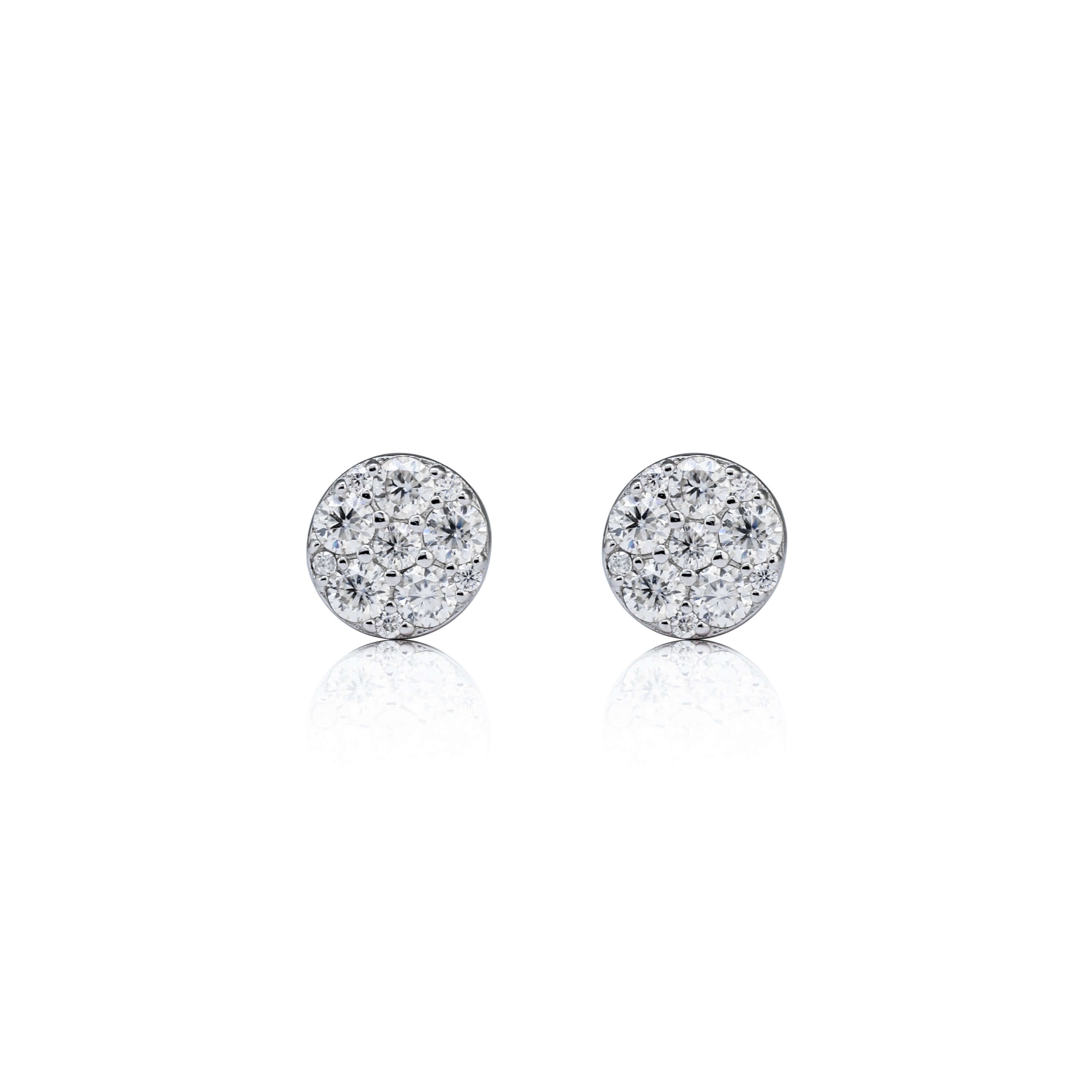 7mm round moissanite cluster earrings with 0.58ct diamonds in sterling silver on white background.