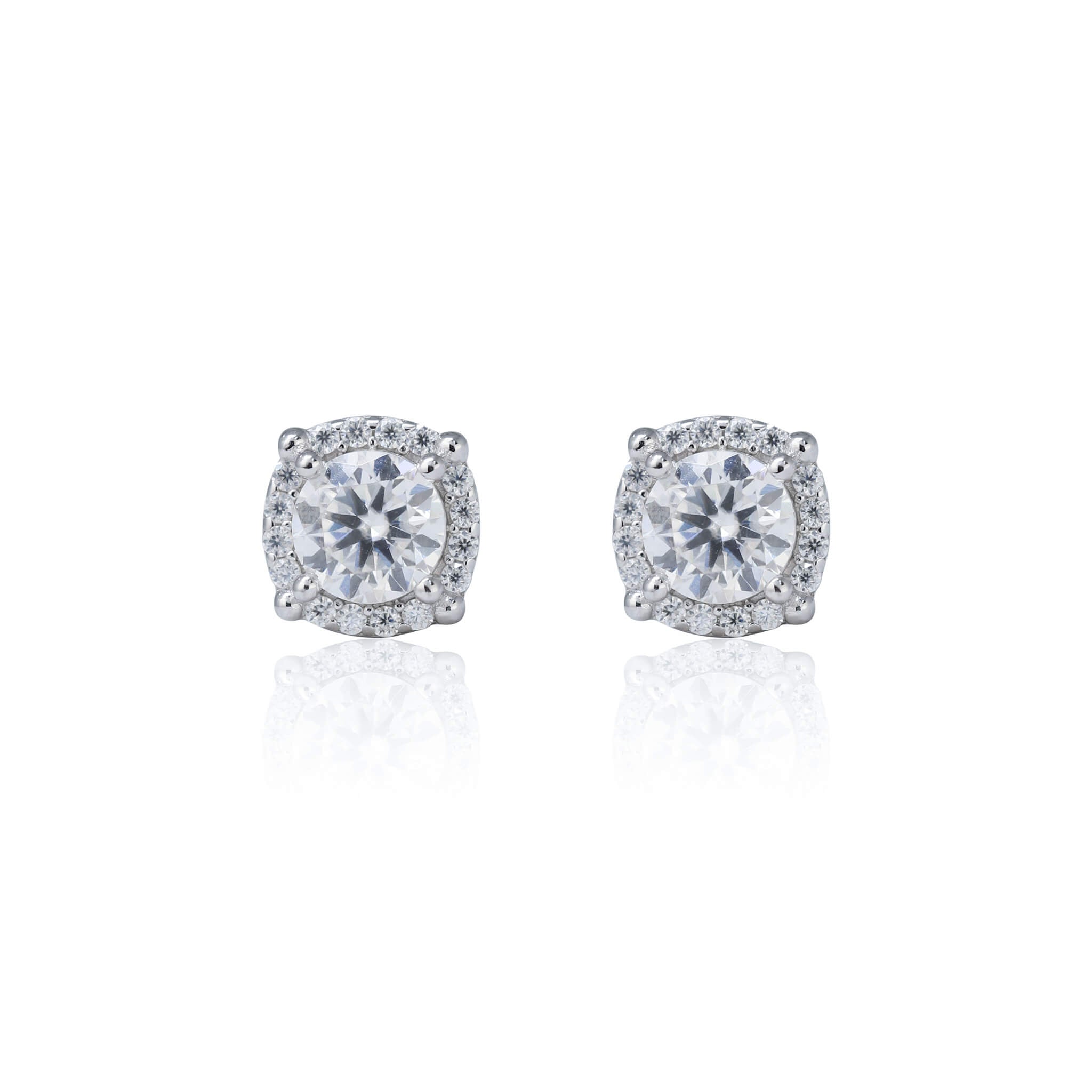 Front view of 7mm round moissanite cluster earrings with 1.32ct diamonds set in sterling silver.
