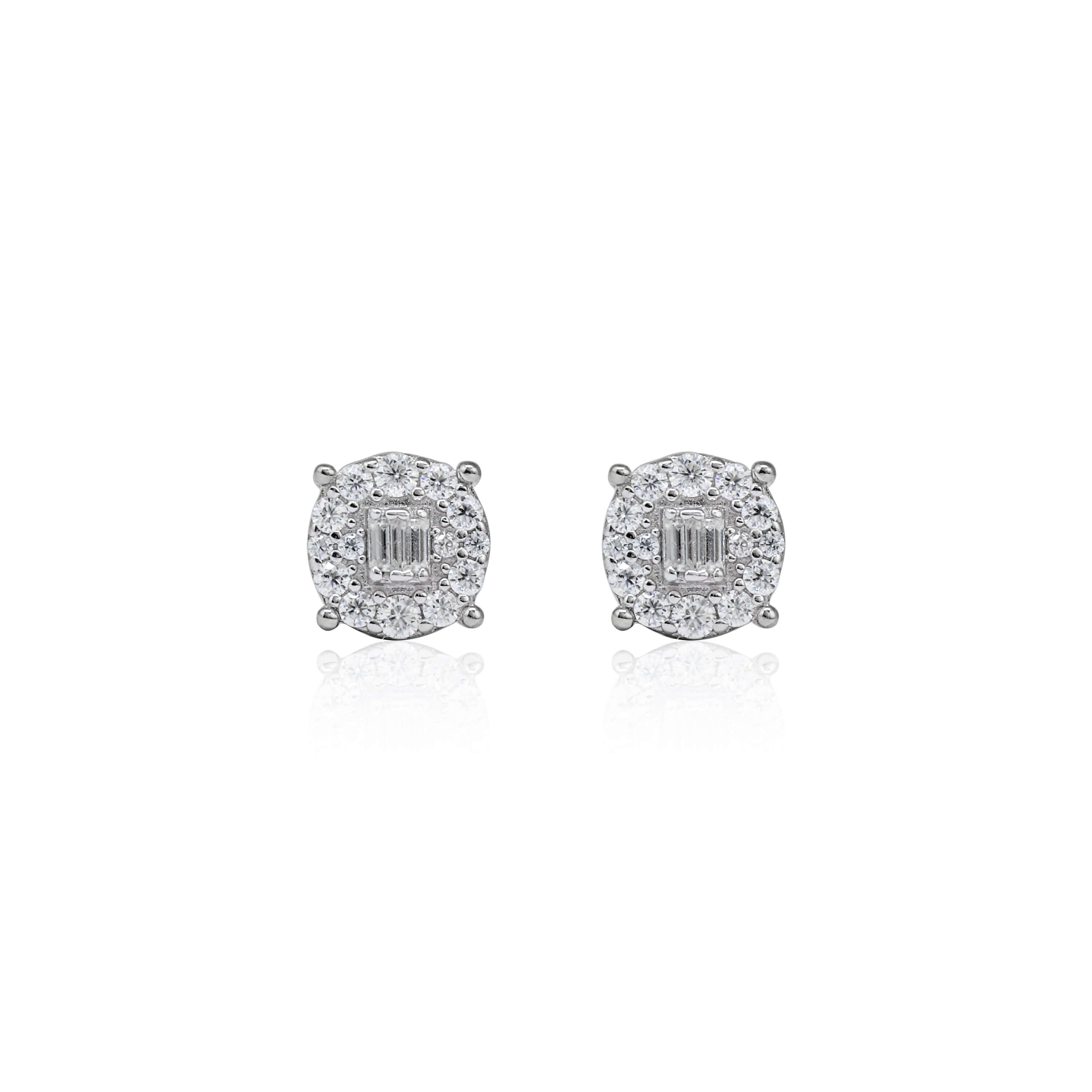 Round 7mm moissanite cluster earrings with halo diamonds in sterling silver, reflective view.